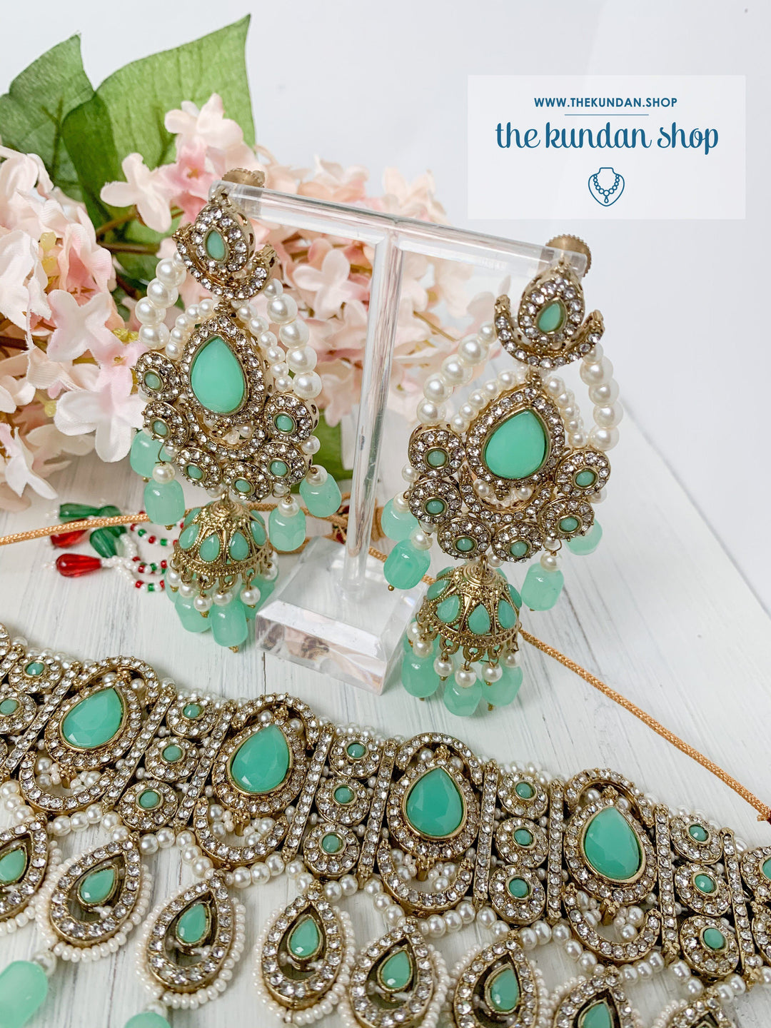 Magnificent Teardrops in Mint & Gold Necklace Sets THE KUNDAN SHOP 