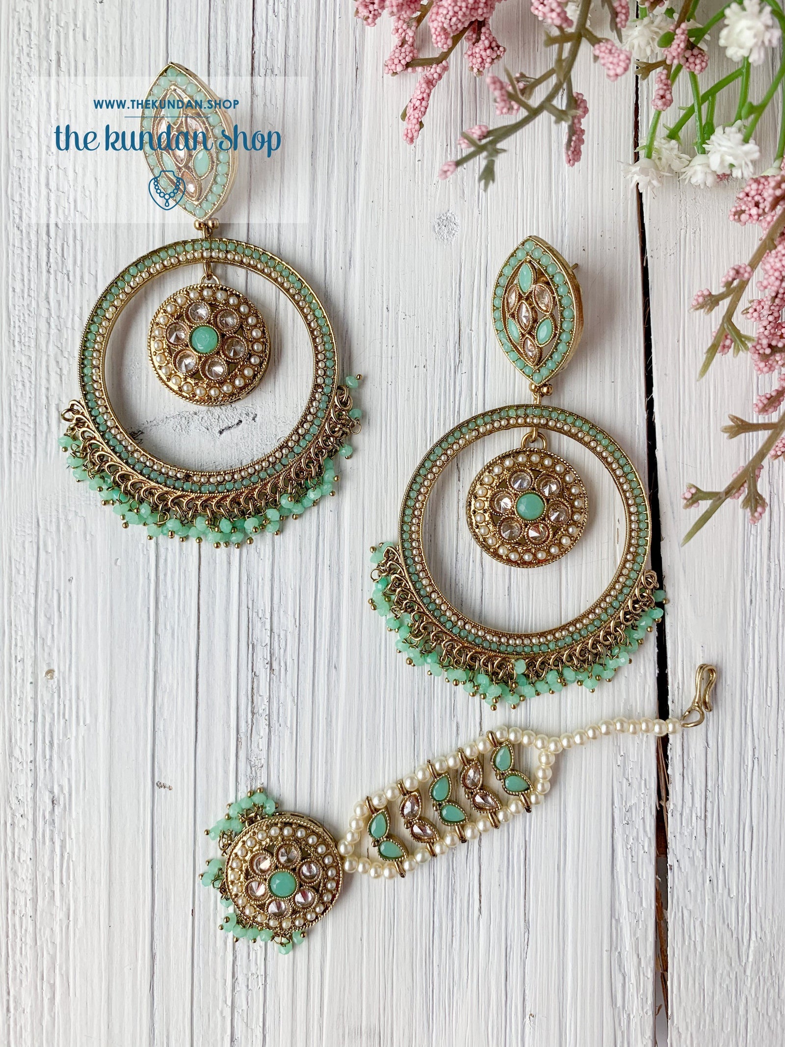 Ardent in Mint Green Earrings + Tikka THE KUNDAN SHOP 