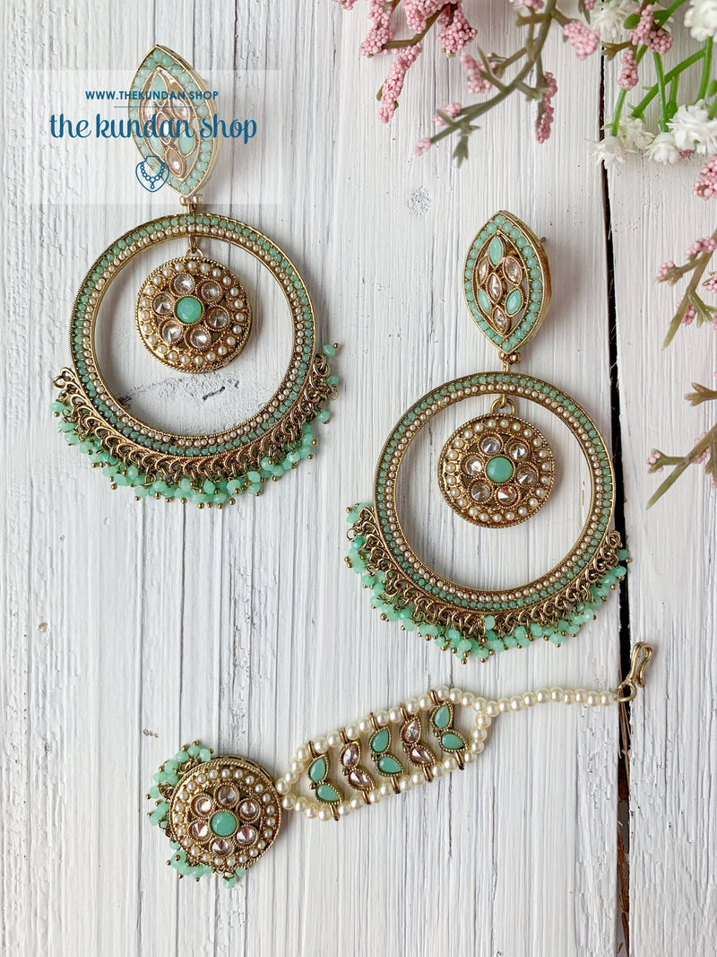 Ardent in Mint Green Earrings + Tikka THE KUNDAN SHOP 