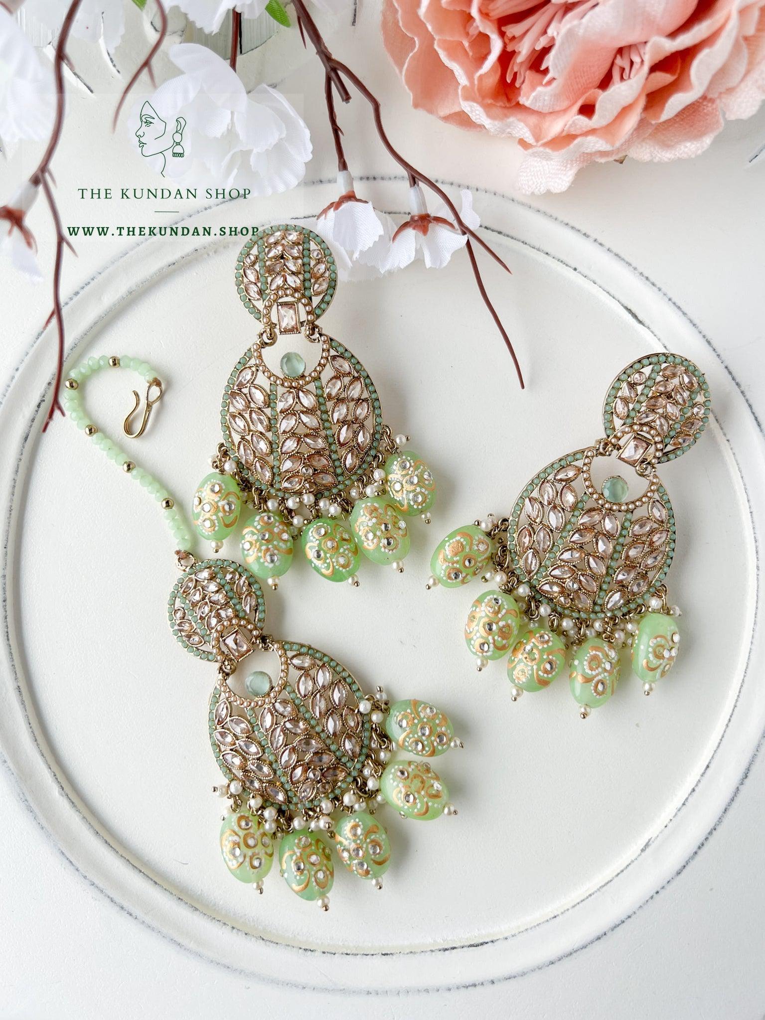 Whispers in Mint Green Earrings + Tikka THE KUNDAN SHOP 