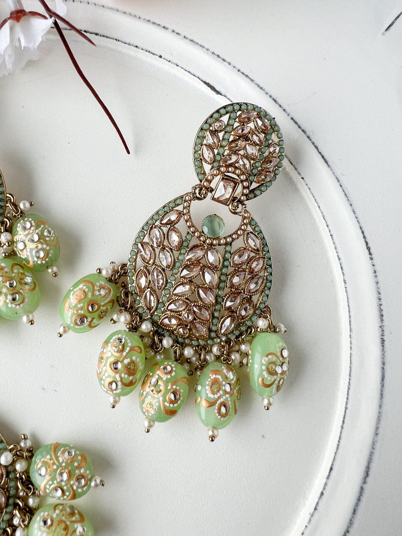 Whispers in Mint Green Earrings + Tikka THE KUNDAN SHOP 