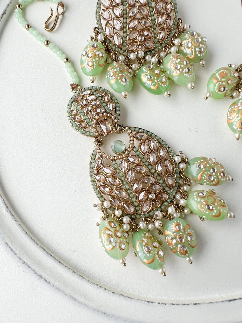 Whispers in Mint Green Earrings + Tikka THE KUNDAN SHOP 