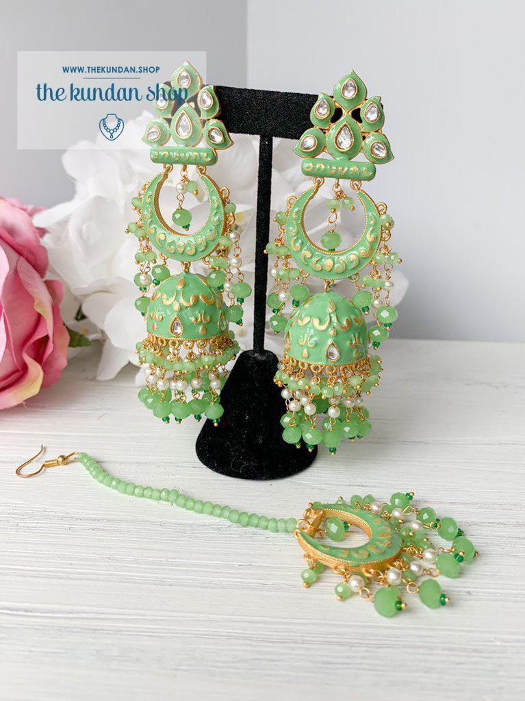 Persuasive in Mint Earrings + Tikka THE KUNDAN SHOP 
