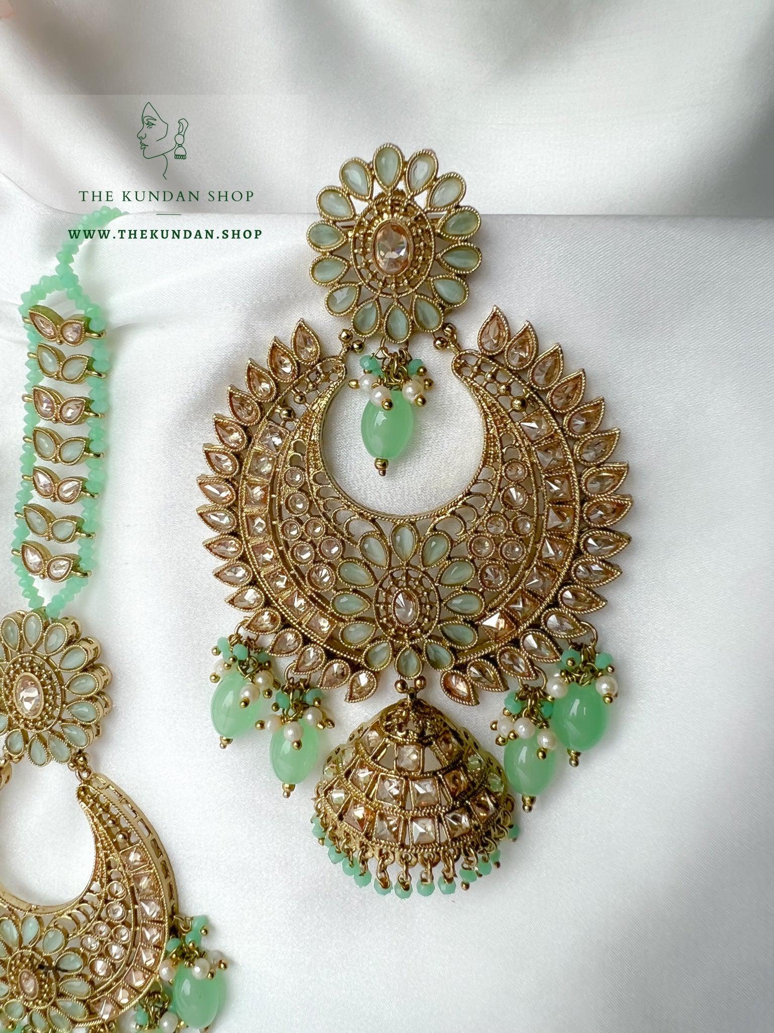 Chosen Polki in Mint Earrings + Tikka THE KUNDAN SHOP 