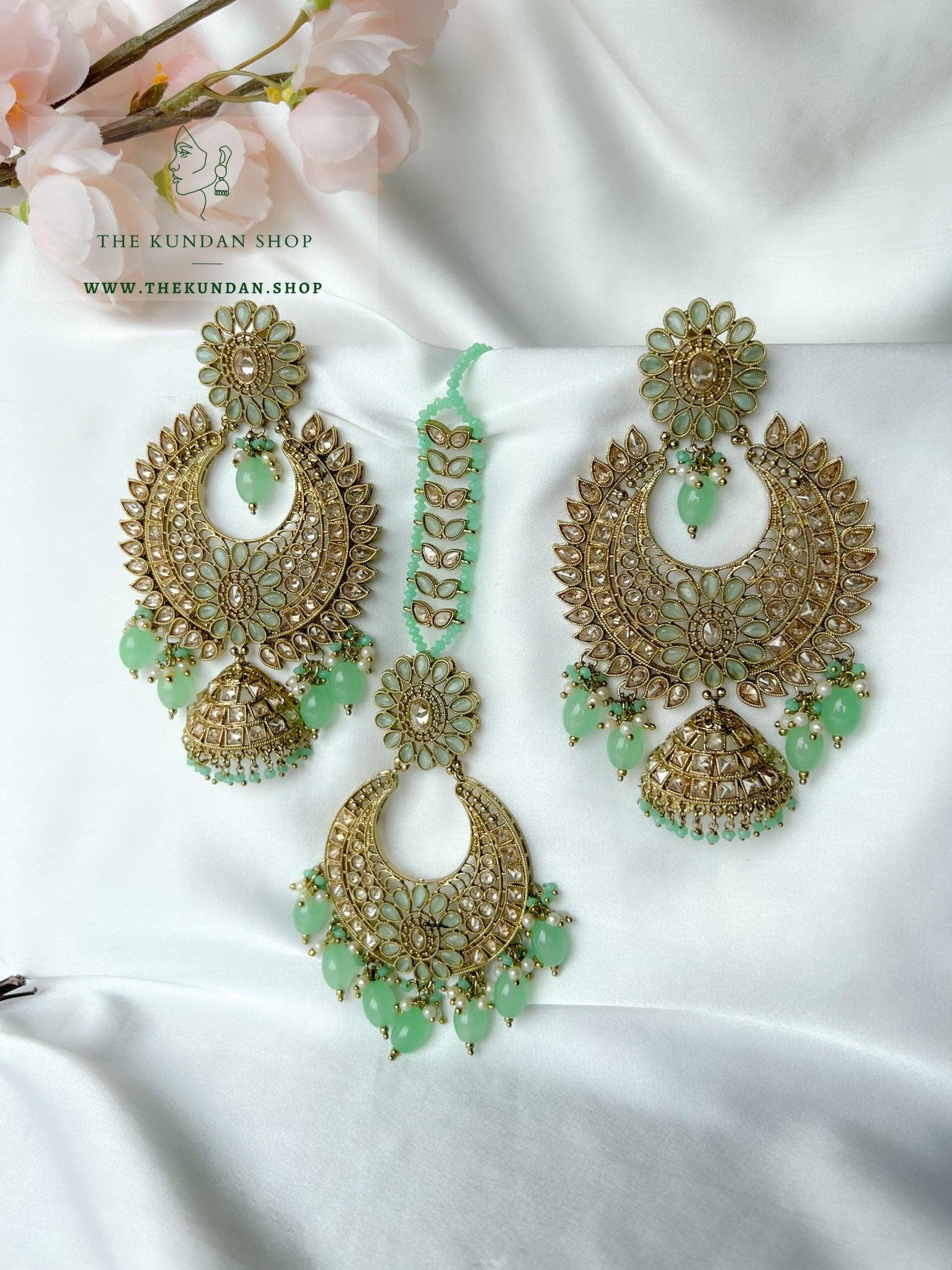 Chosen Polki in Mint Earrings + Tikka THE KUNDAN SHOP 