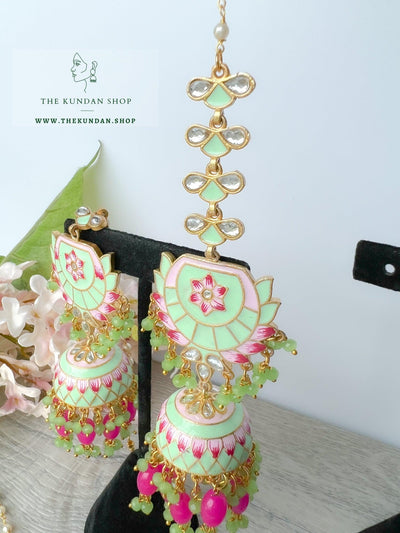 Guided Jhumkis in Mint Earrings + Tikka THE KUNDAN SHOP 
