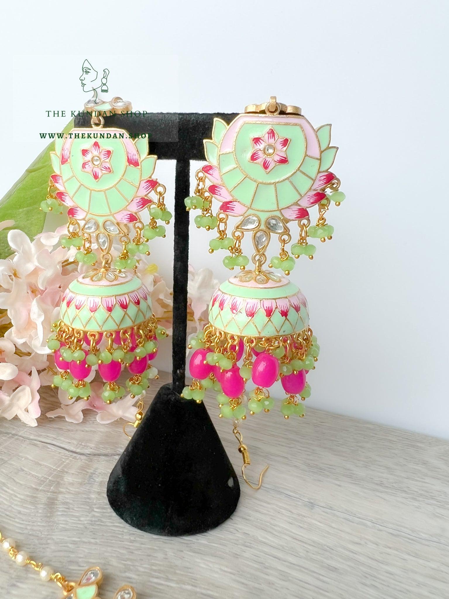 Guided Jhumkis in Mint Earrings + Tikka THE KUNDAN SHOP 