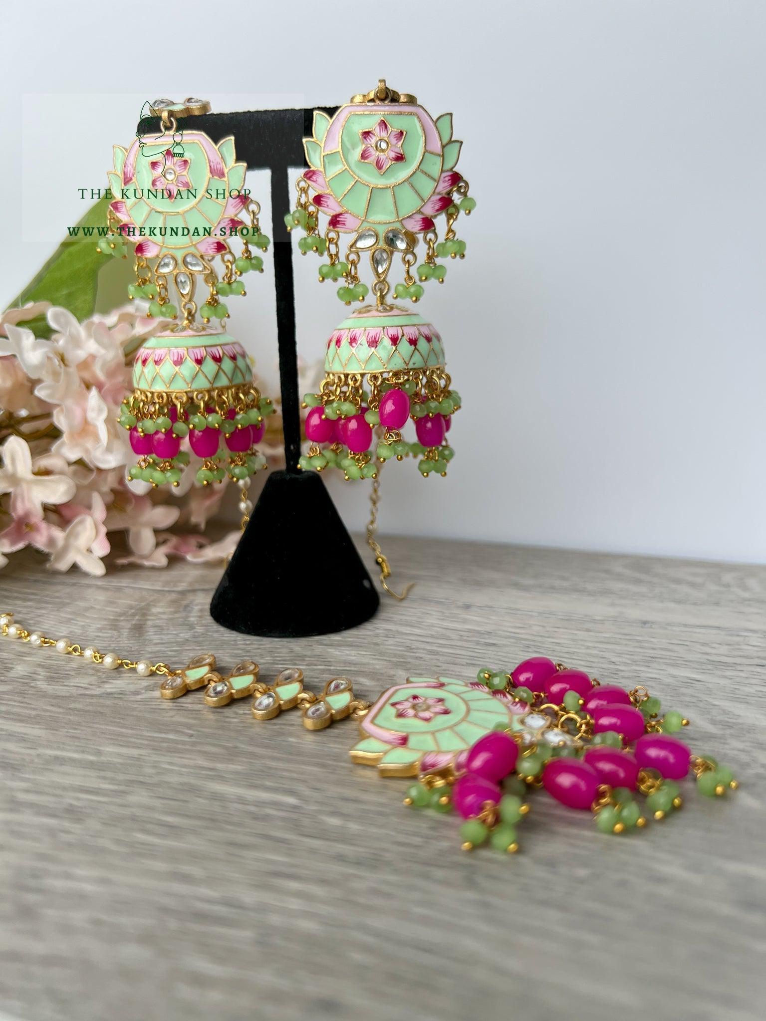 Guided Jhumkis in Mint Earrings + Tikka THE KUNDAN SHOP 