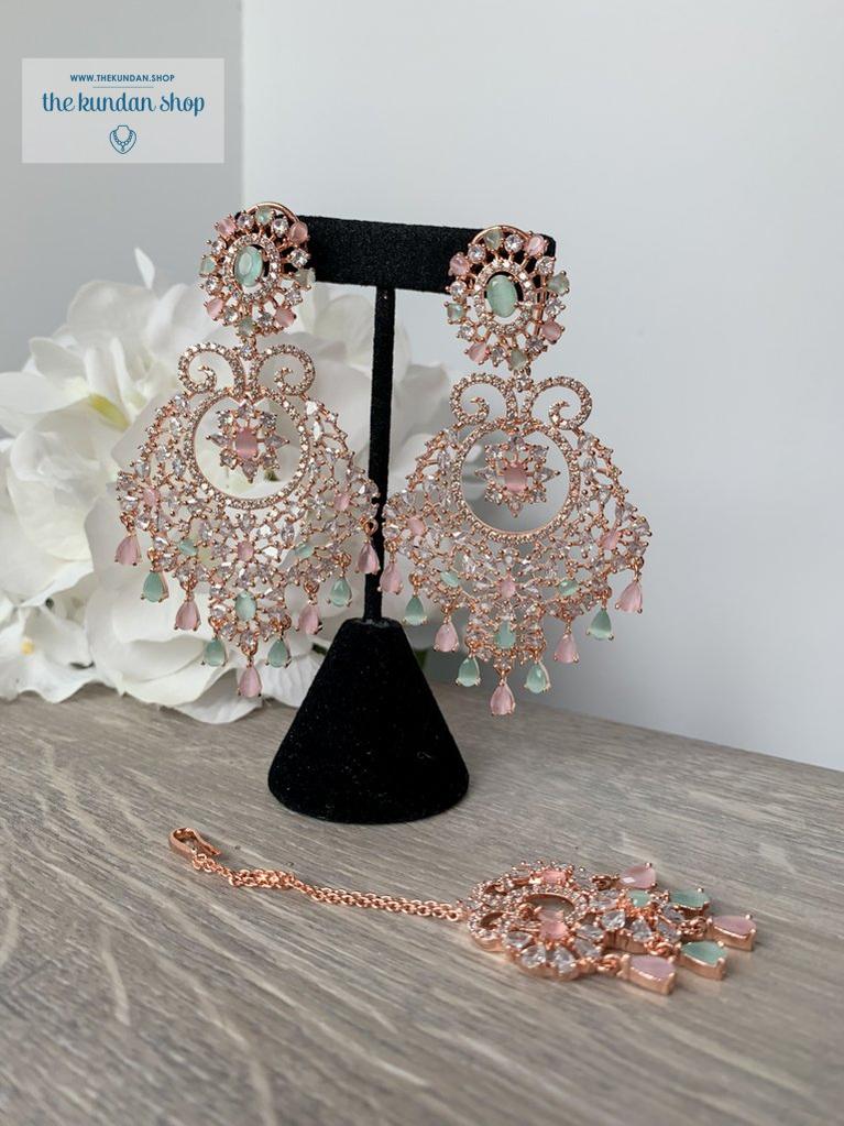 Charm in Rose Gold & Mint Pink Earrings + Tikka THE KUNDAN SHOP 