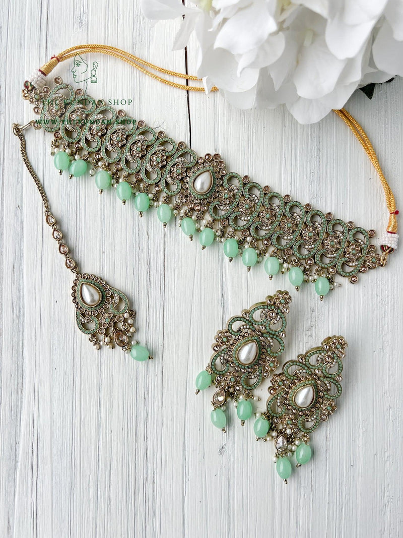 Gentle Polki in Mint Necklace Sets THE KUNDAN SHOP 