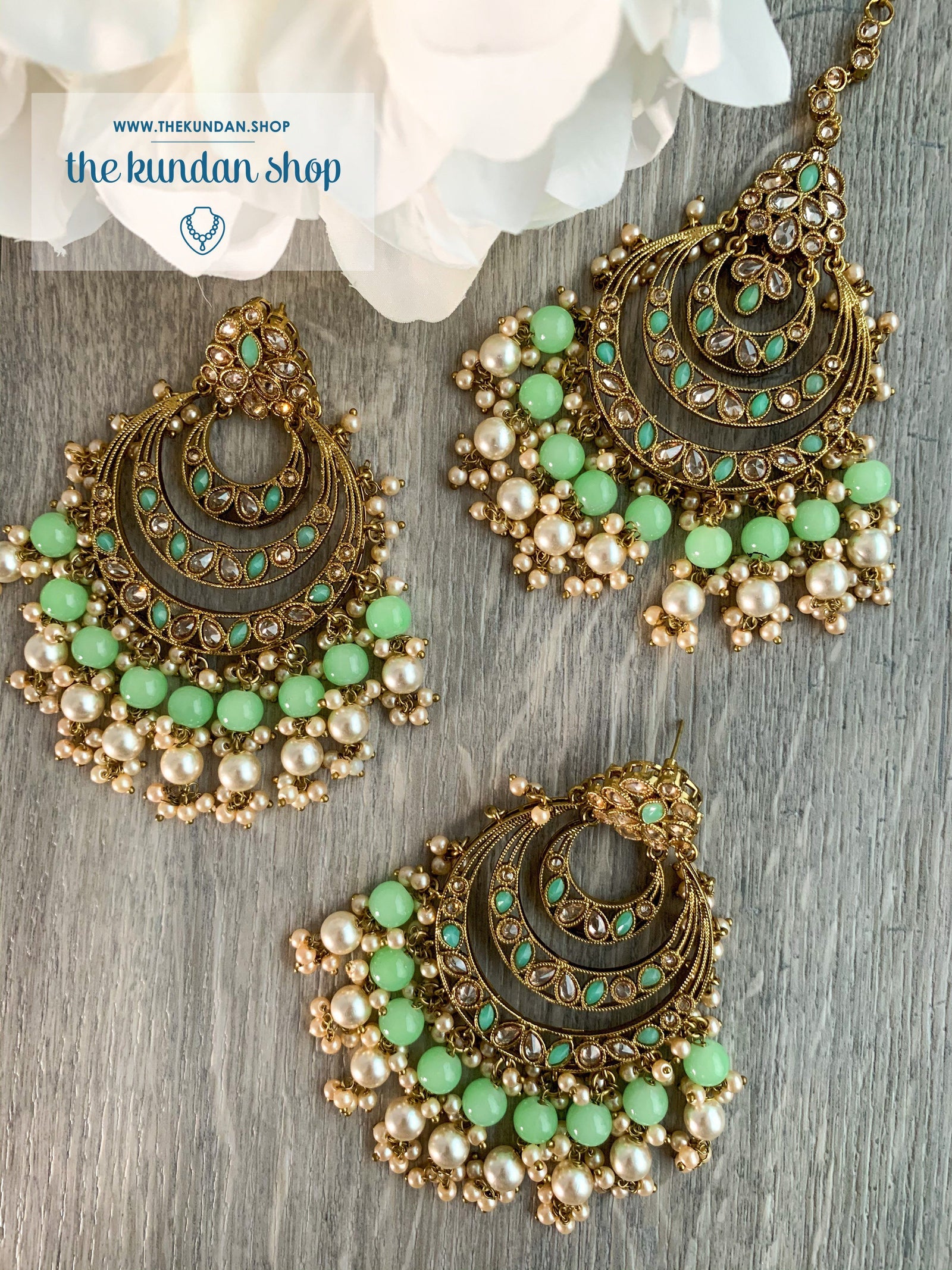 Candid in Mint Earrings + Tikka THE KUNDAN SHOP 