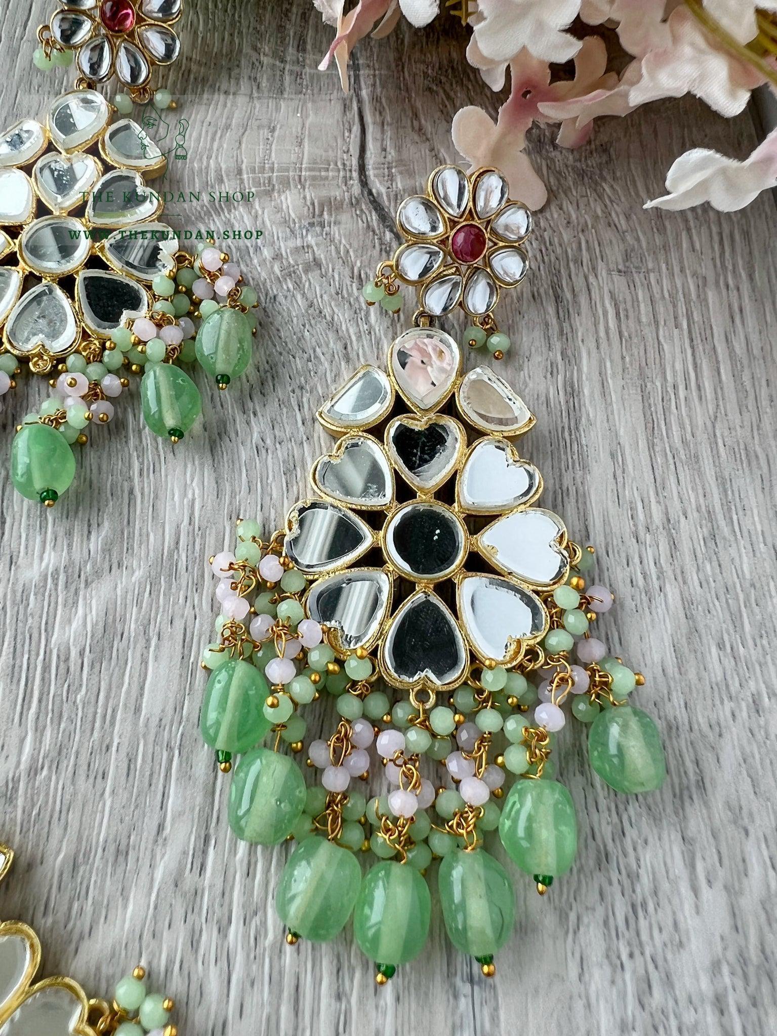 Floral Mirrors in Mint Earrings + Tikka THE KUNDAN SHOP 