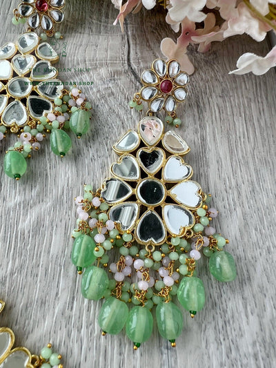 Floral Mirrors in Mint Earrings + Tikka THE KUNDAN SHOP 
