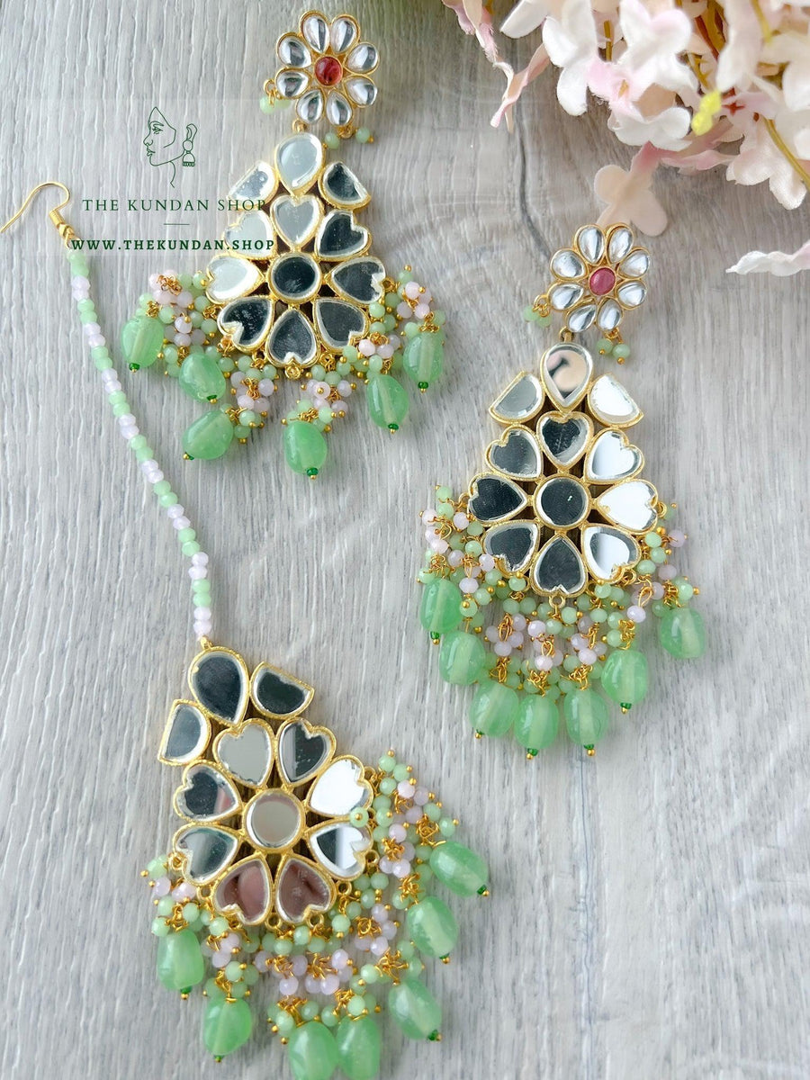 Floral Mirrors in Mint Earrings + Tikka THE KUNDAN SHOP 