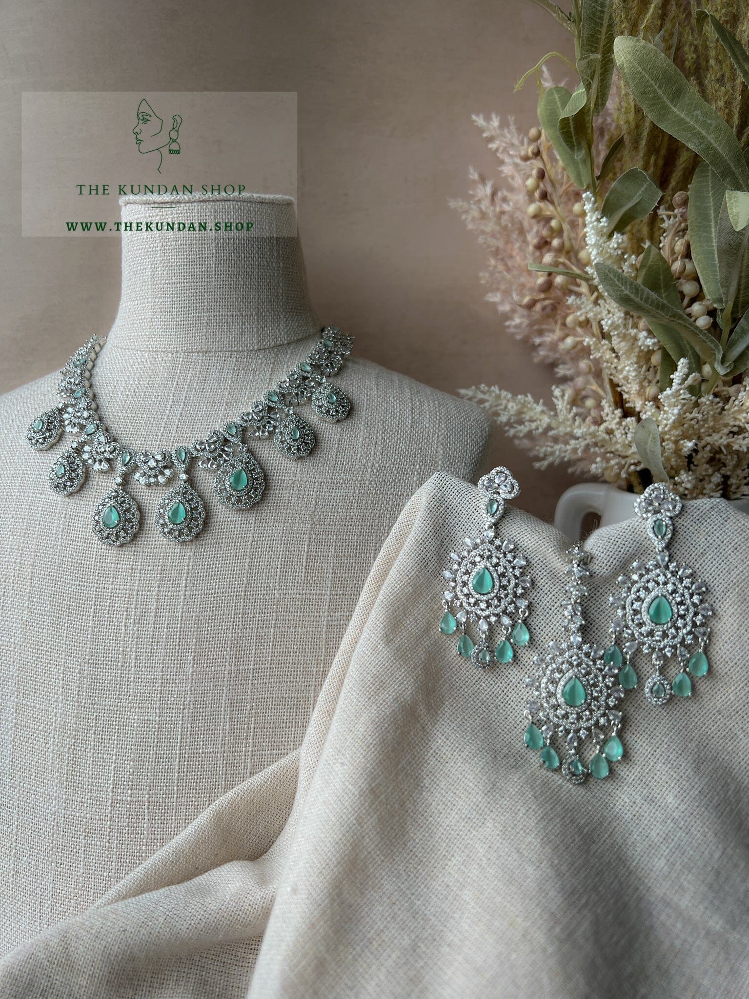 Resilient in Silver & Mint Necklace Sets THE KUNDAN SHOP 