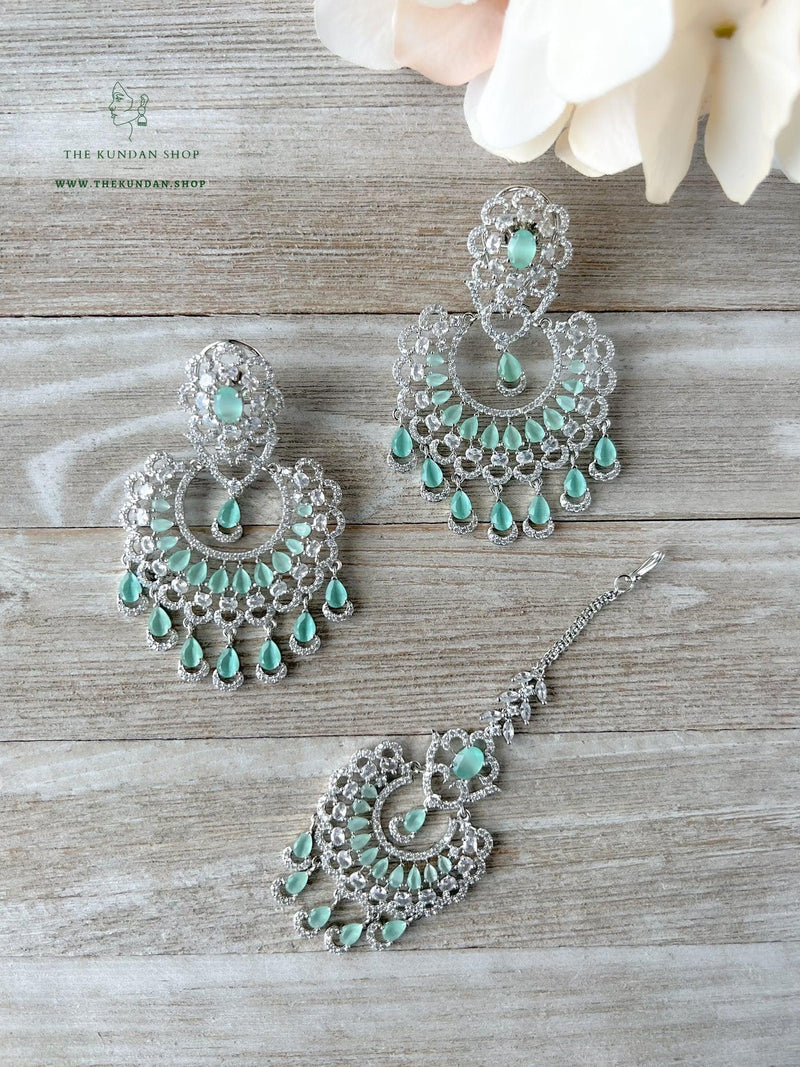 Catch in Silver & Mint Earrings + Tikka THE KUNDAN SHOP 
