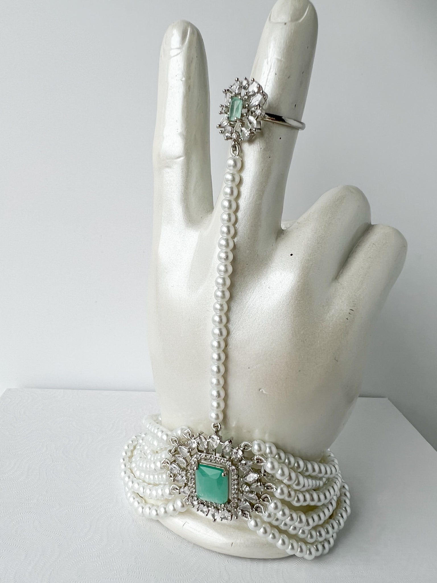 Exquisite Hand Piece in Silver & Mint Ring THE KUNDAN SHOP 