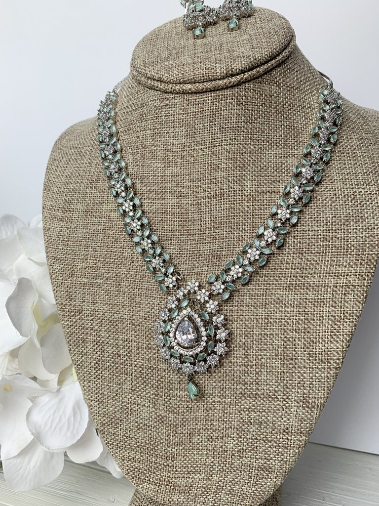 Favored Drops in Silver & Mint Necklace Sets THE KUNDAN SHOP 