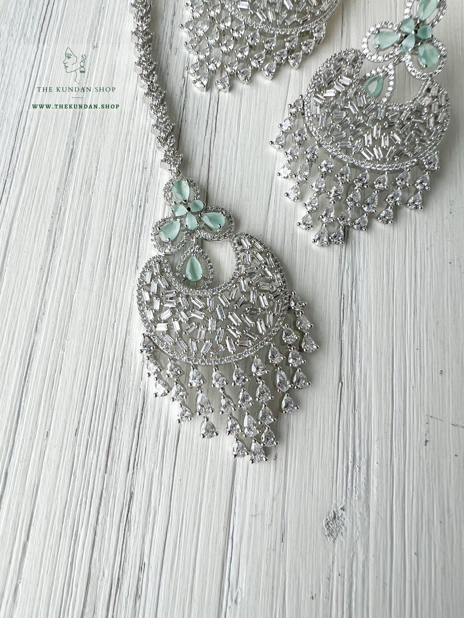 Stone Drops in Mint Earrings + Tikka THE KUNDAN SHOP 