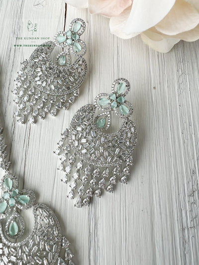 Stone Drops in Mint Earrings + Tikka THE KUNDAN SHOP 