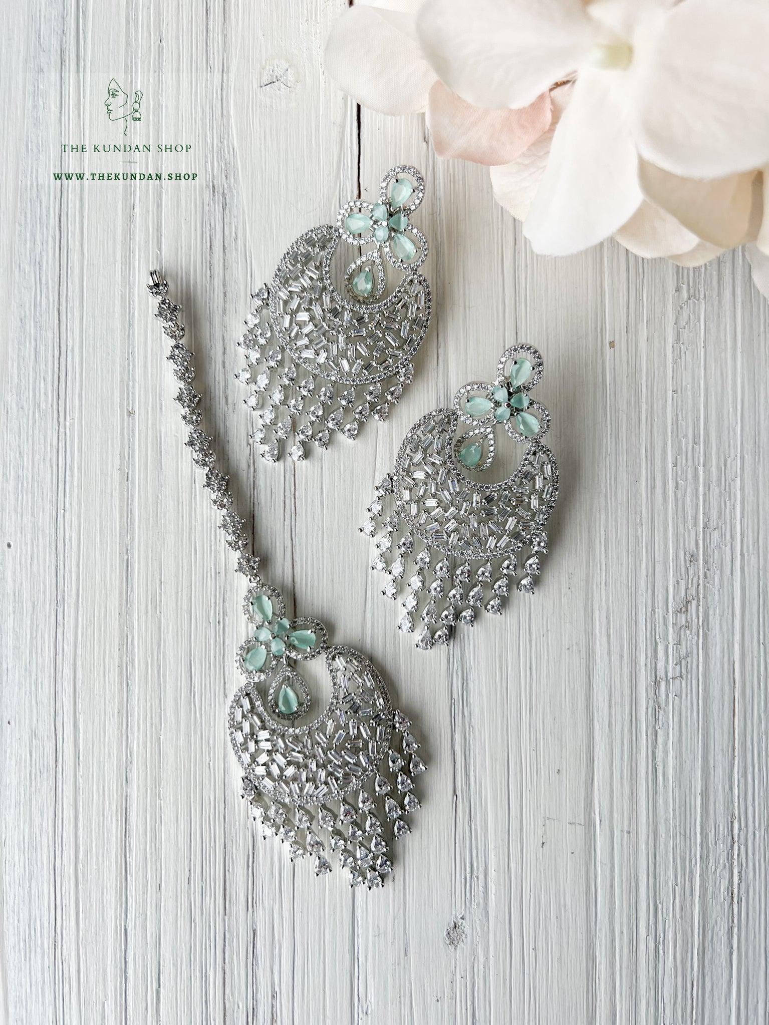 Stone Drops in Mint Earrings + Tikka THE KUNDAN SHOP 