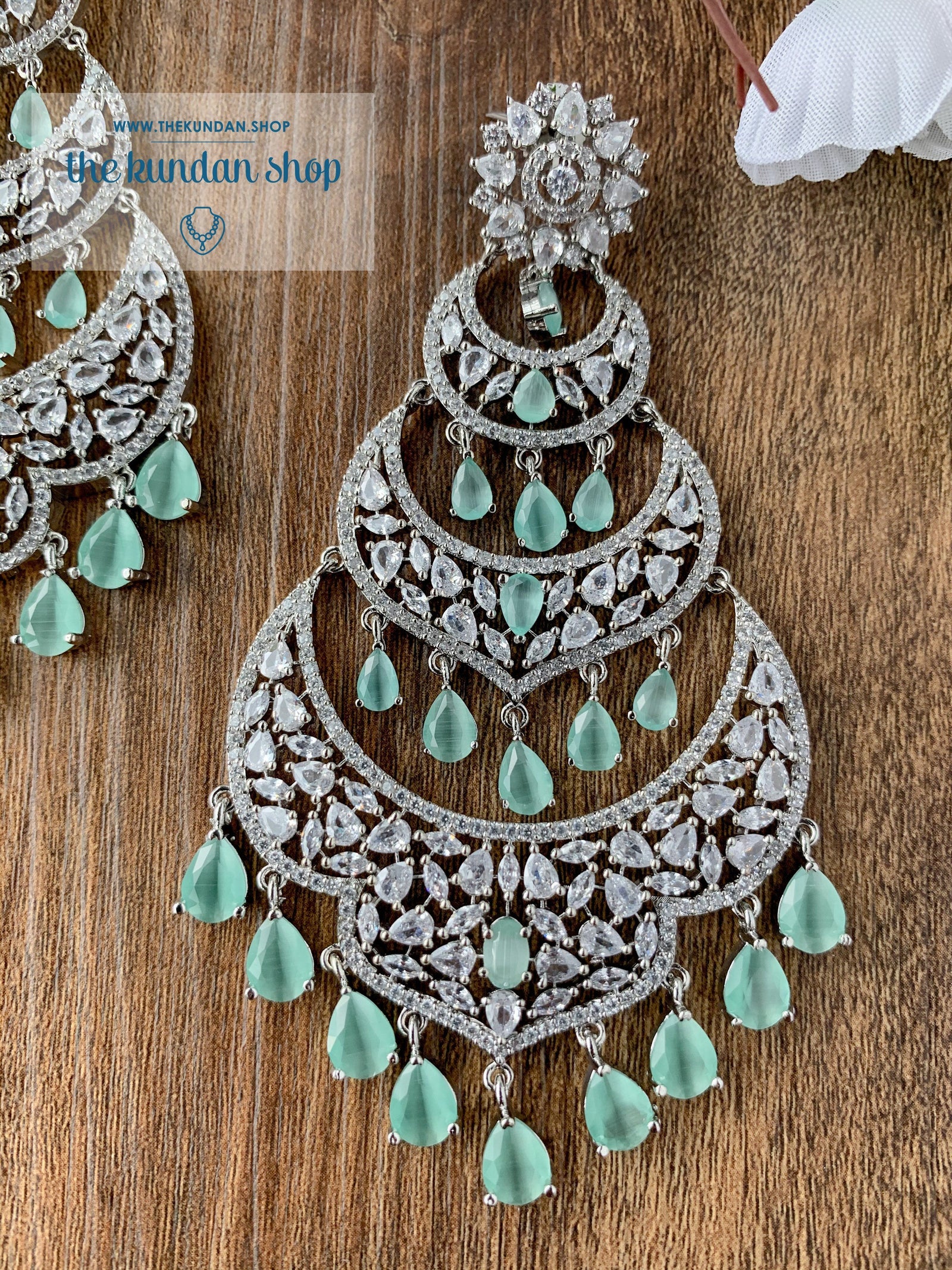 Dreaming in Silver & Mint Earrings + Tikka THE KUNDAN SHOP 