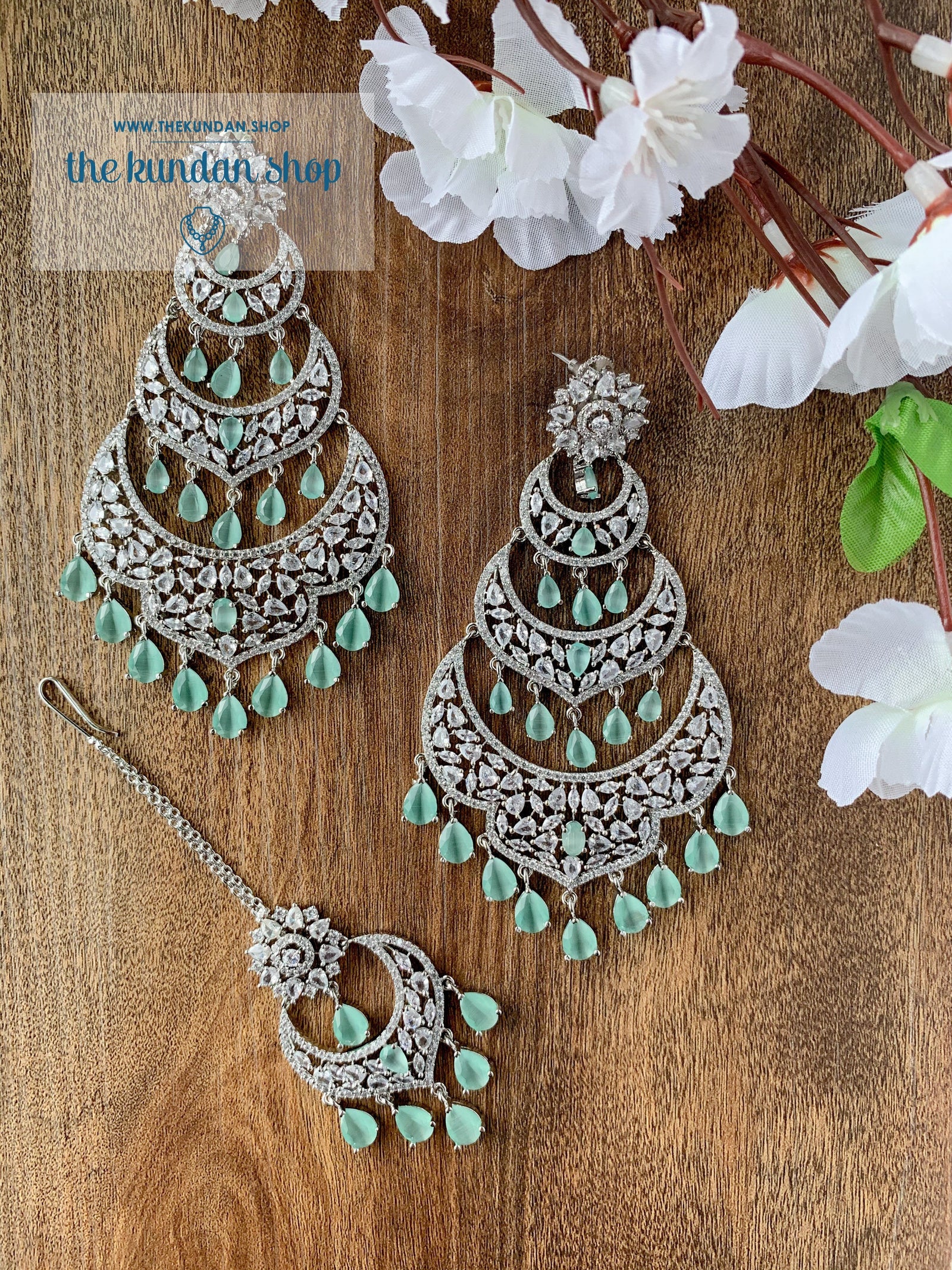 Dreaming in Silver & Mint Earrings + Tikka THE KUNDAN SHOP 