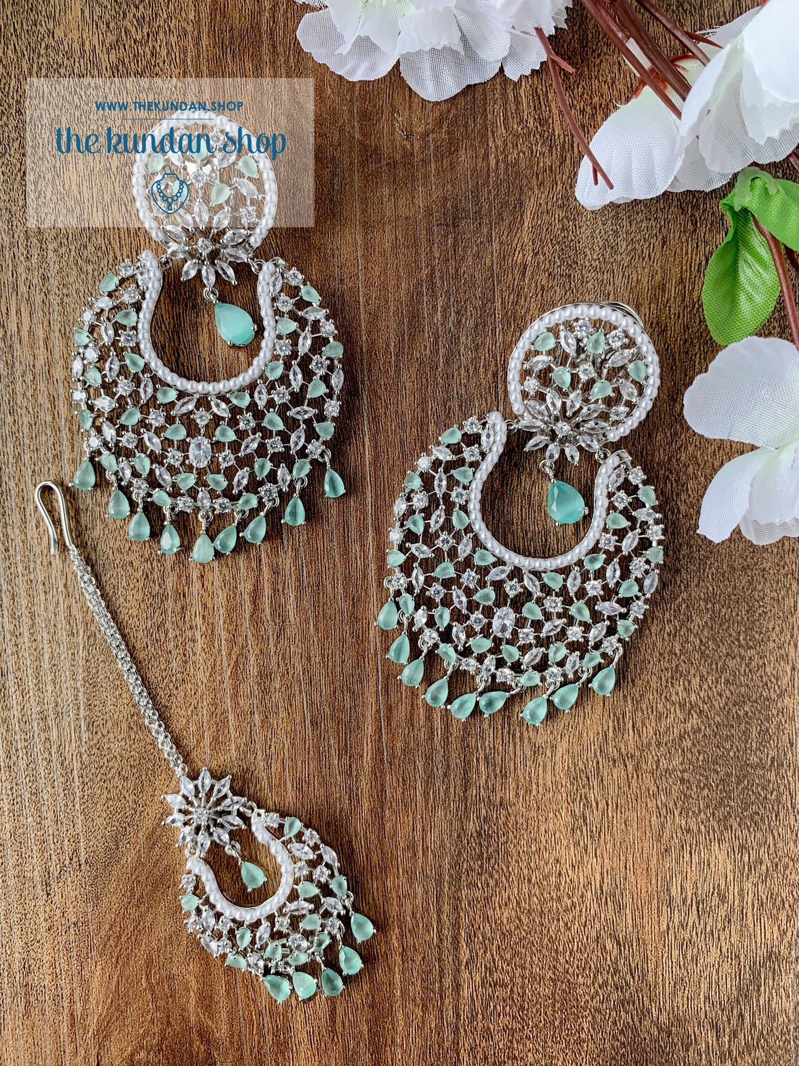 Praise in Silver & Mint Earrings + Tikka THE KUNDAN SHOP 