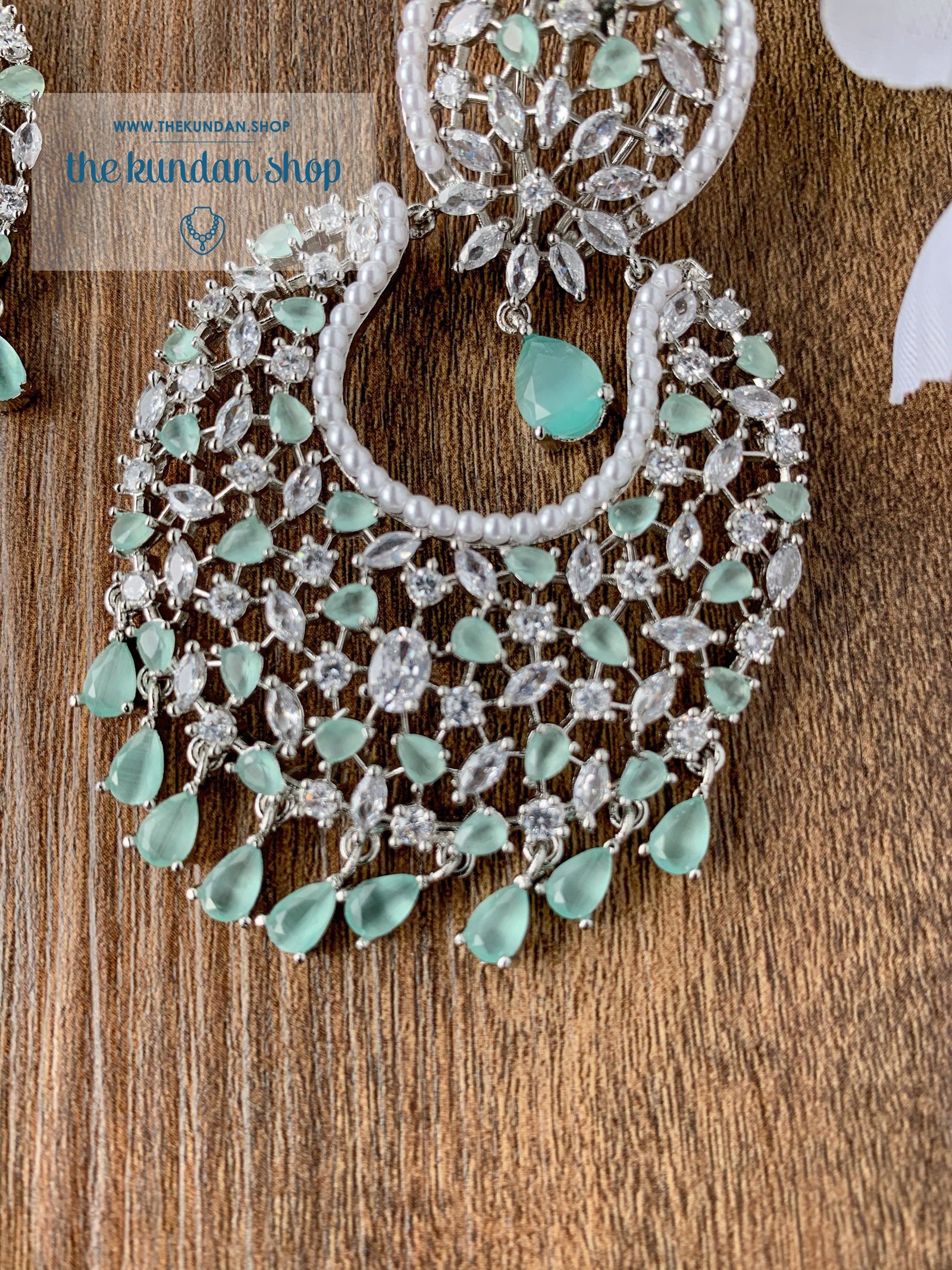 Praise in Silver & Mint Earrings + Tikka THE KUNDAN SHOP 