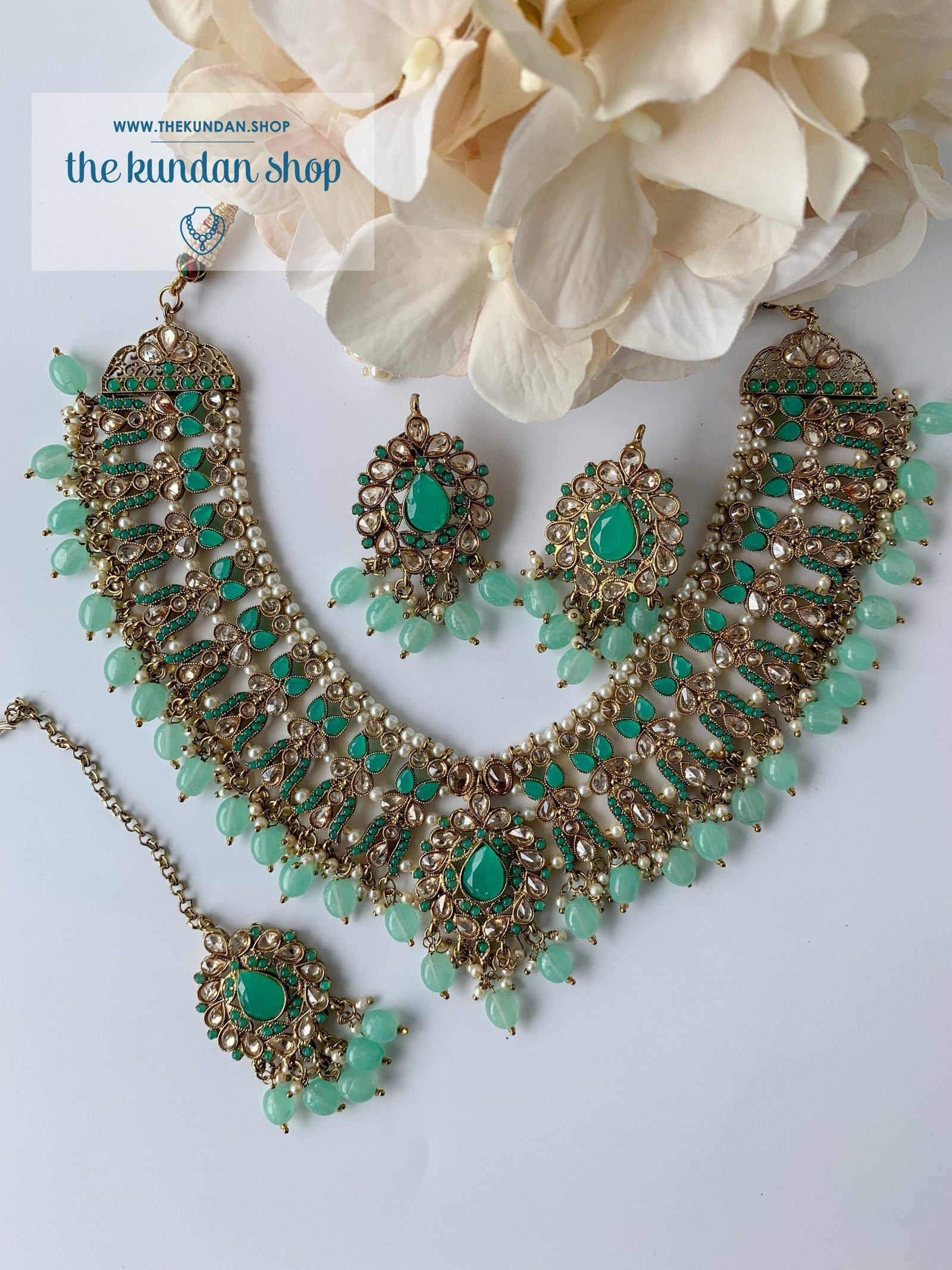 Veiled in Polki, in Mint Green Necklace Sets THE KUNDAN SHOP 