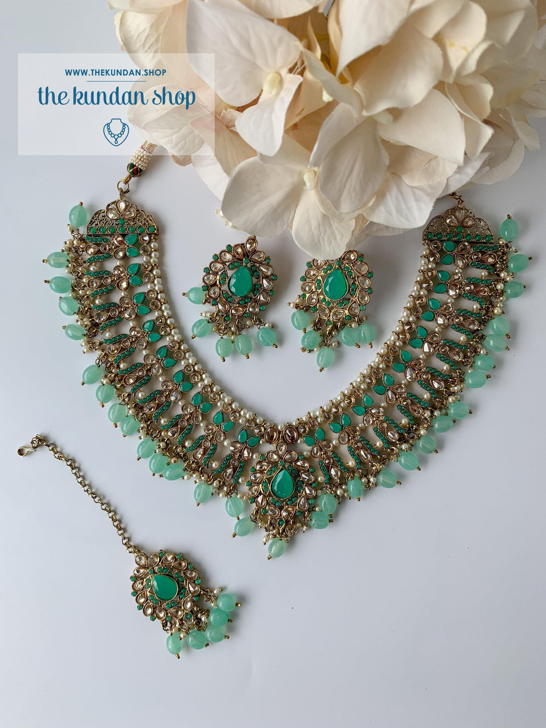 Veiled in Polki, in Mint Green Necklace Sets THE KUNDAN SHOP 