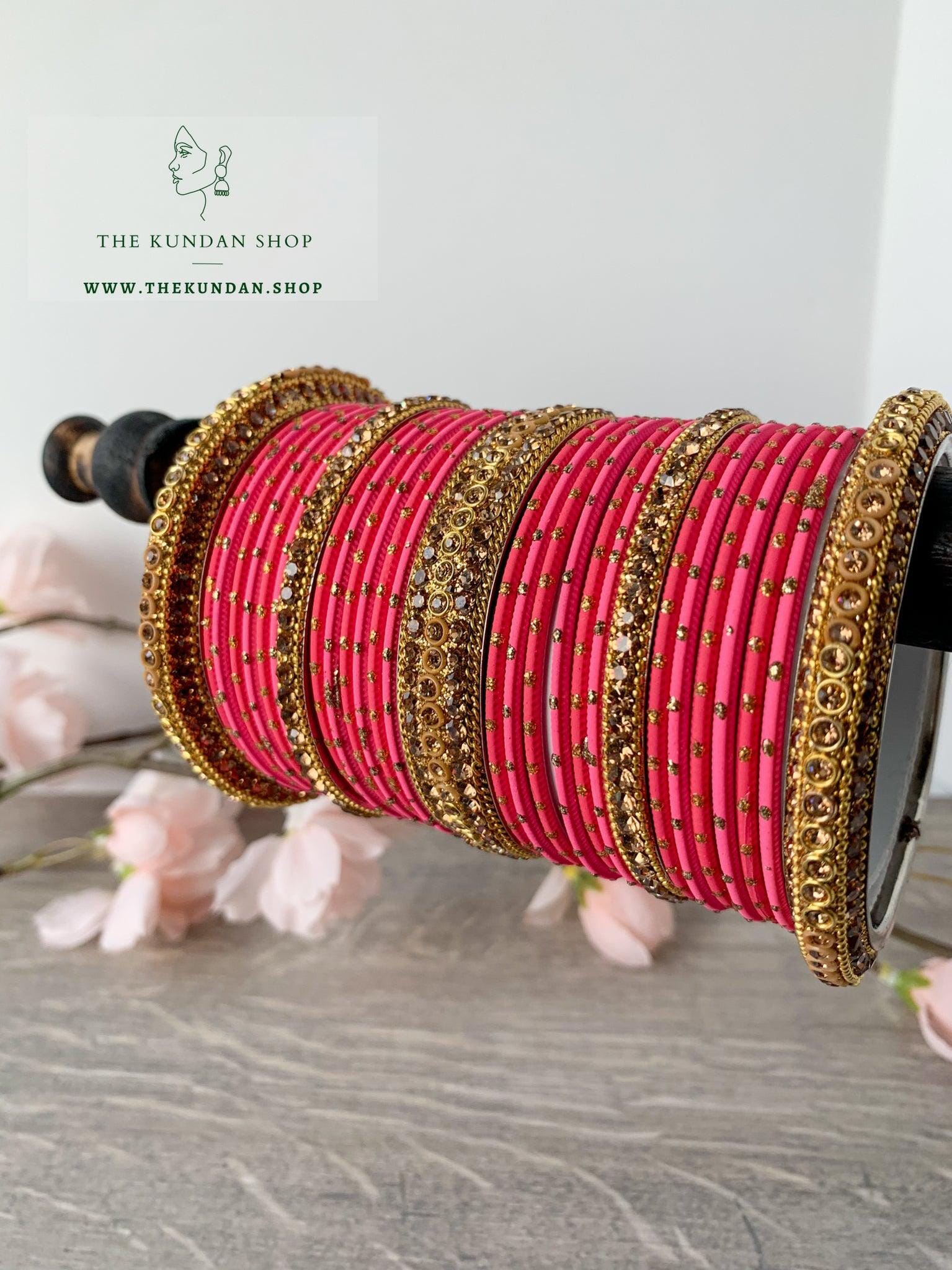 Rhinestone & Dotted Bangles in Mixed Dark Pink Bangles THE KUNDAN SHOP 