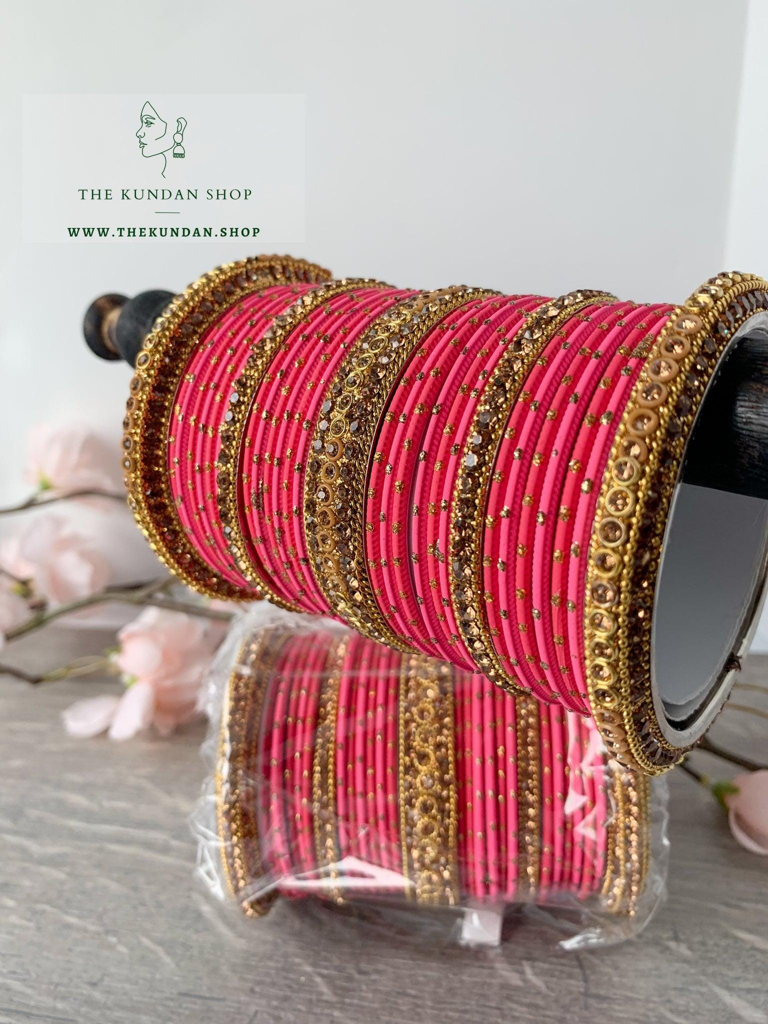 Rhinestone & Dotted Bangles in Mixed Dark Pink Bangles THE KUNDAN SHOP 