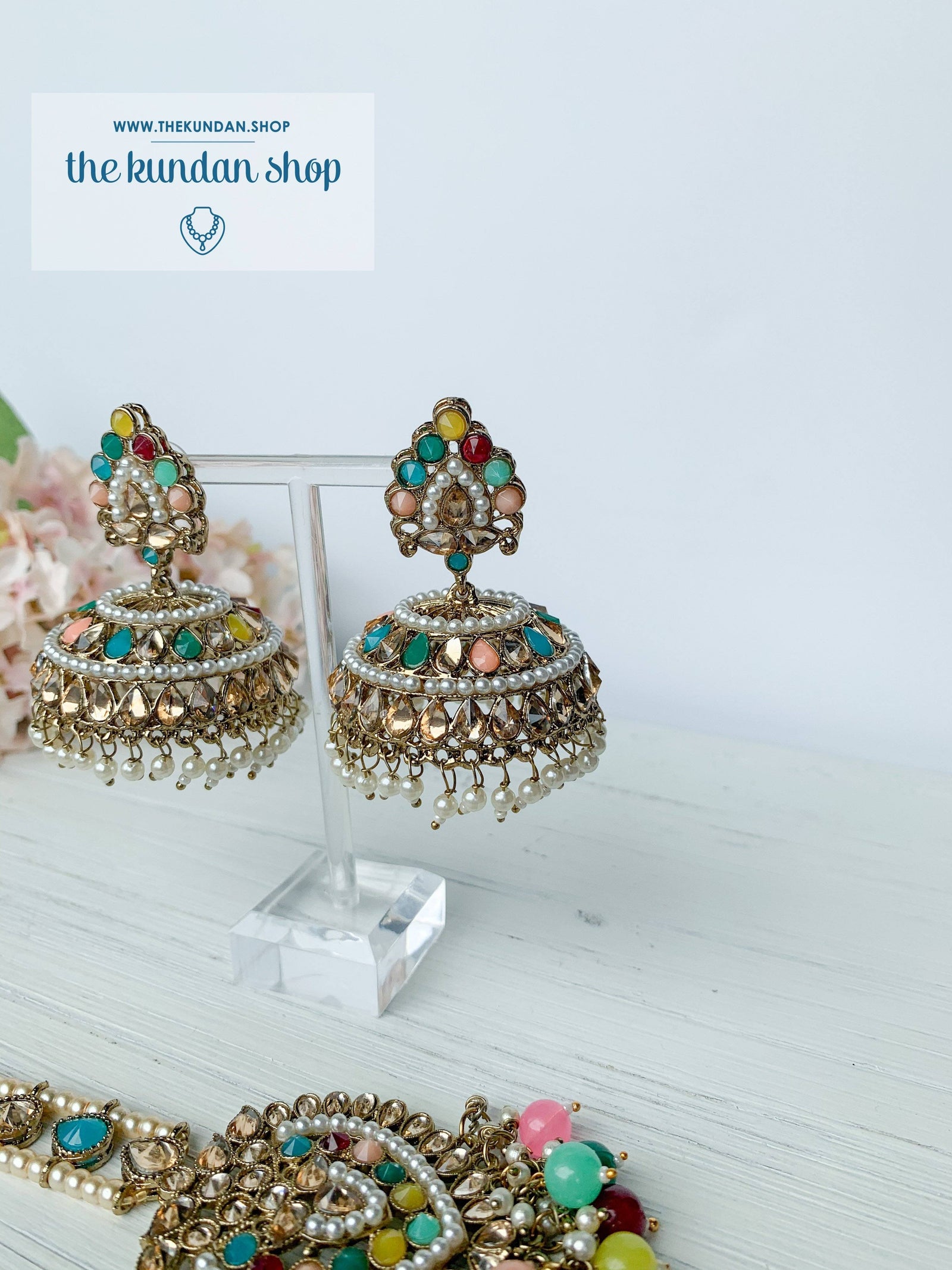 Flair Jhumkis in Champagne Earrings + Tikka THE KUNDAN SHOP 