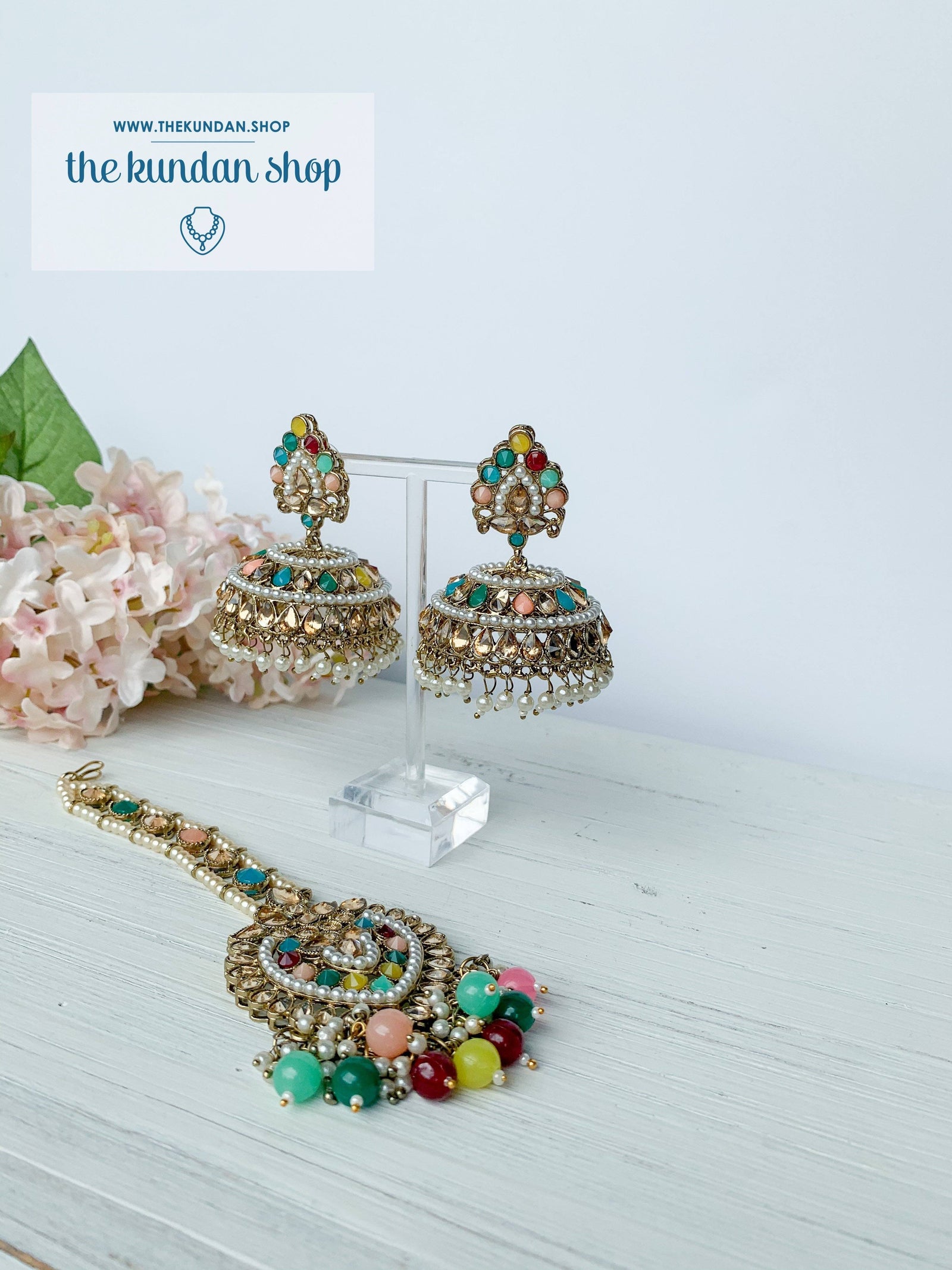 Flair Jhumkis in Champagne Earrings + Tikka THE KUNDAN SHOP 