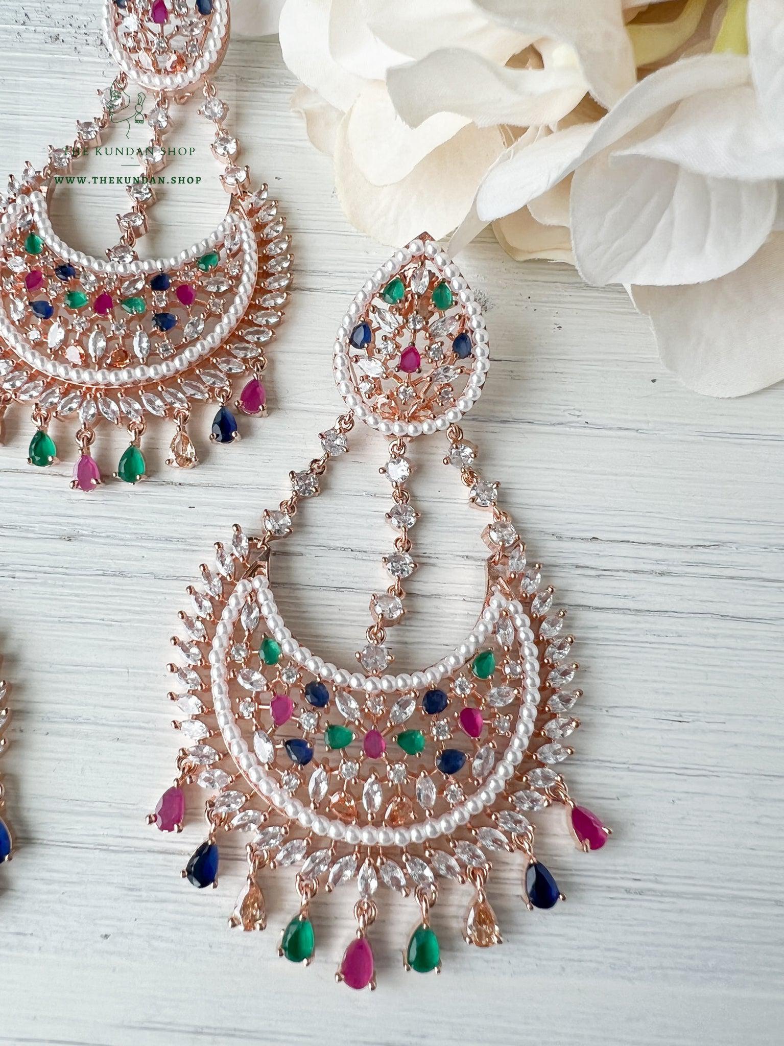 Beyond in Rose Gold & Multi Earrings + Tikka THE KUNDAN SHOP 