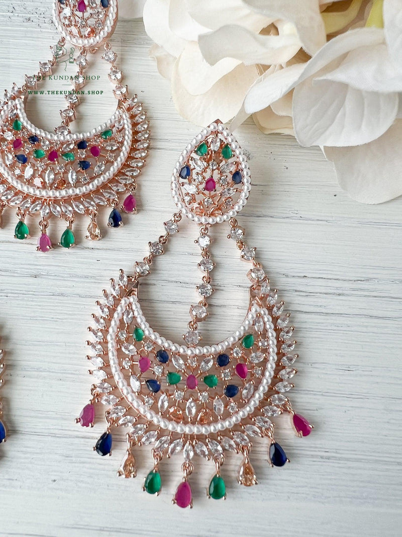 Beyond in Rose Gold & Multi Earrings + Tikka THE KUNDAN SHOP 