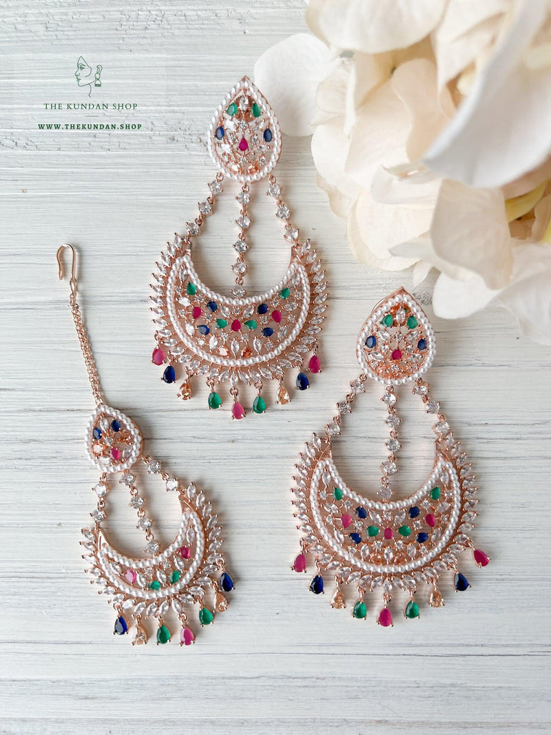 Beyond in Rose Gold & Multi Earrings + Tikka THE KUNDAN SHOP 