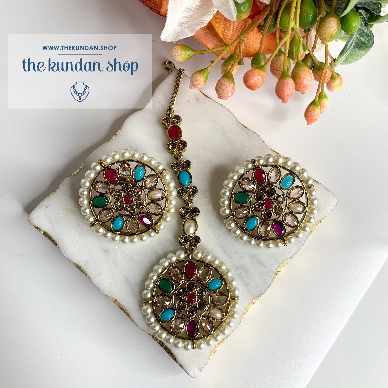 Pearl Border in Multi, Earrings + Tikka - THE KUNDAN SHOP