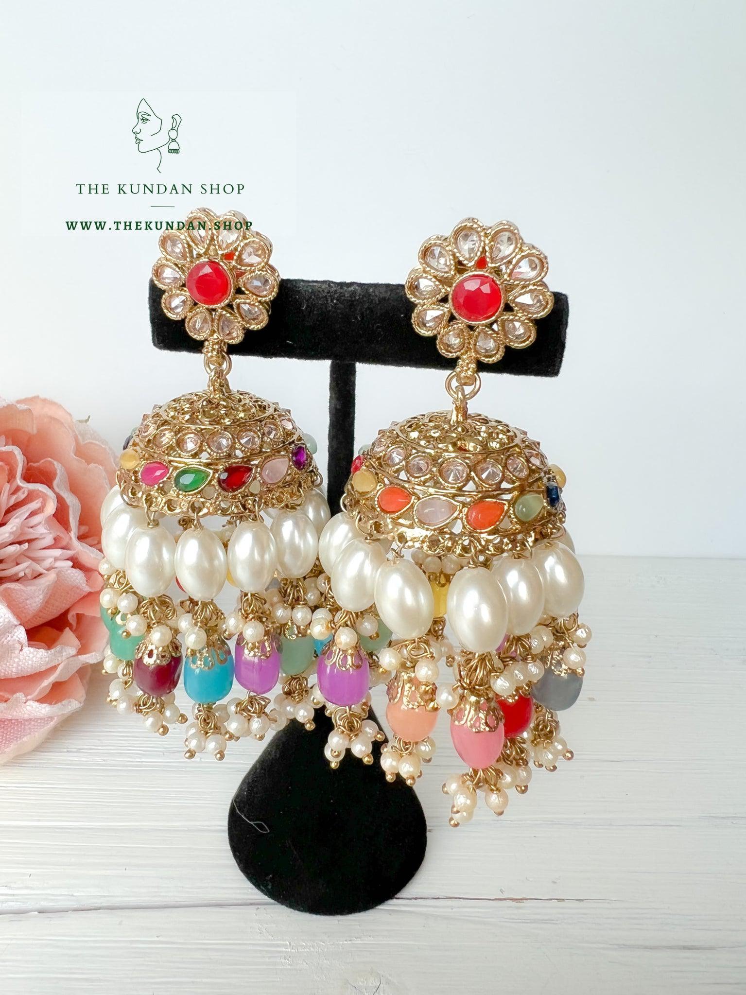 Finery Jhumkis in Multi Earrings + Tikka THE KUNDAN SHOP 