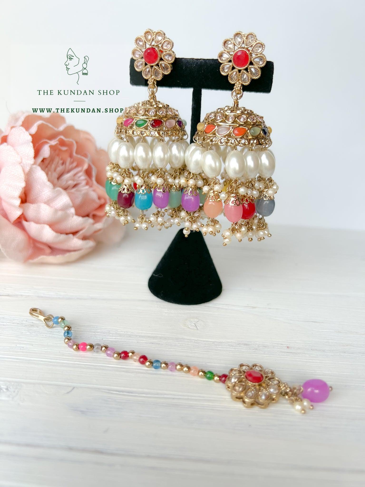 Finery Jhumkis in Multi Earrings + Tikka THE KUNDAN SHOP 