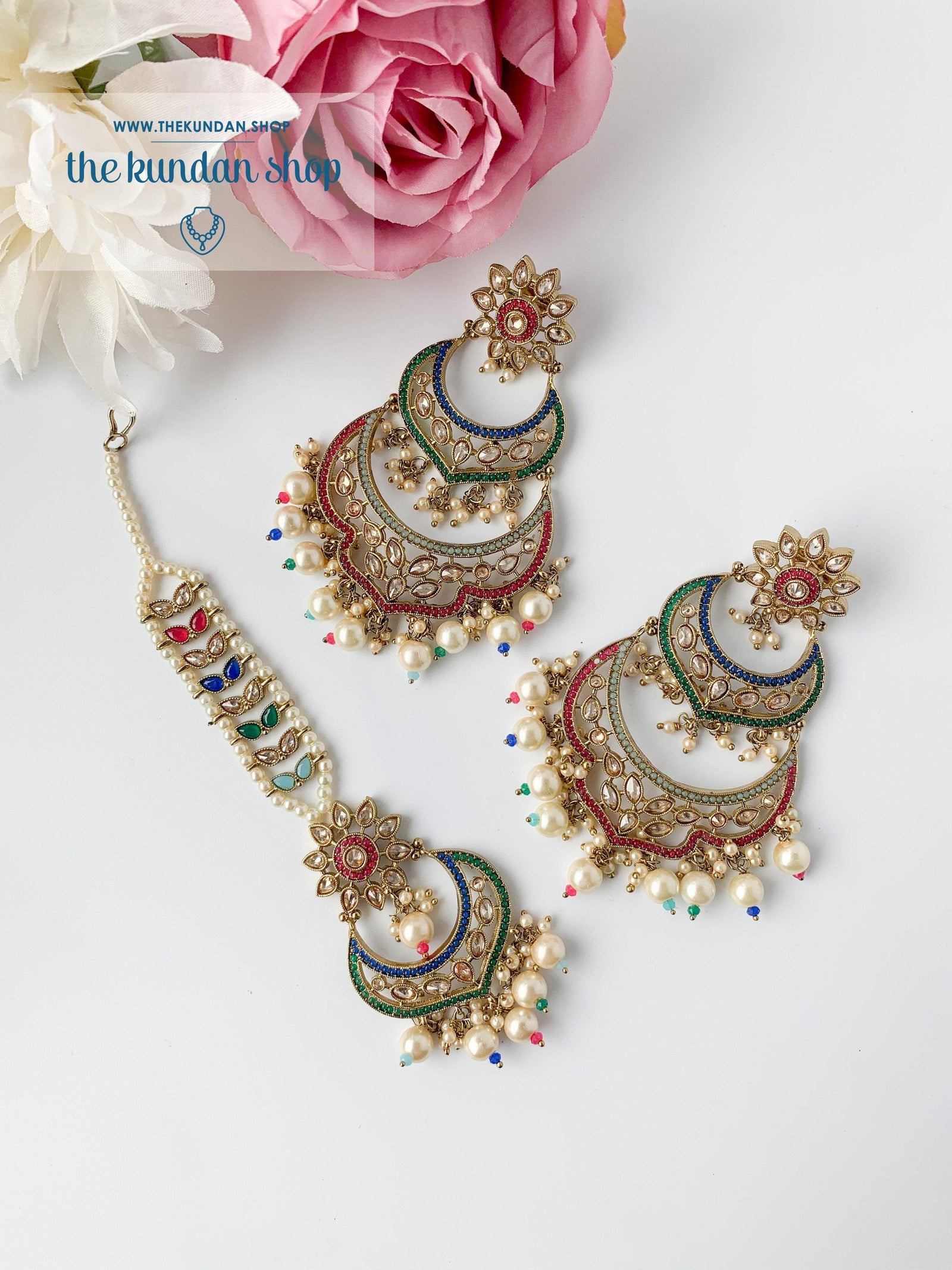 A Princess Polki in Multi Earrings + Tikka THE KUNDAN SHOP 