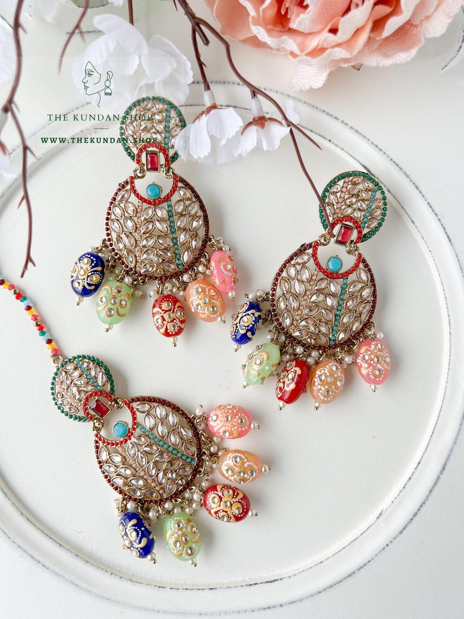 Whispers in Multi Earrings + Tikka THE KUNDAN SHOP 