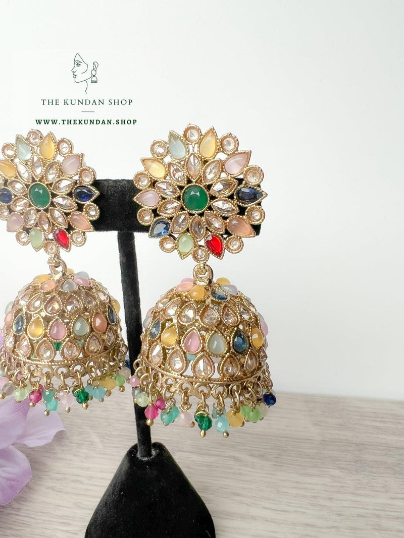 Misty Jhumkis in Multi Earrings + Tikka THE KUNDAN SHOP 