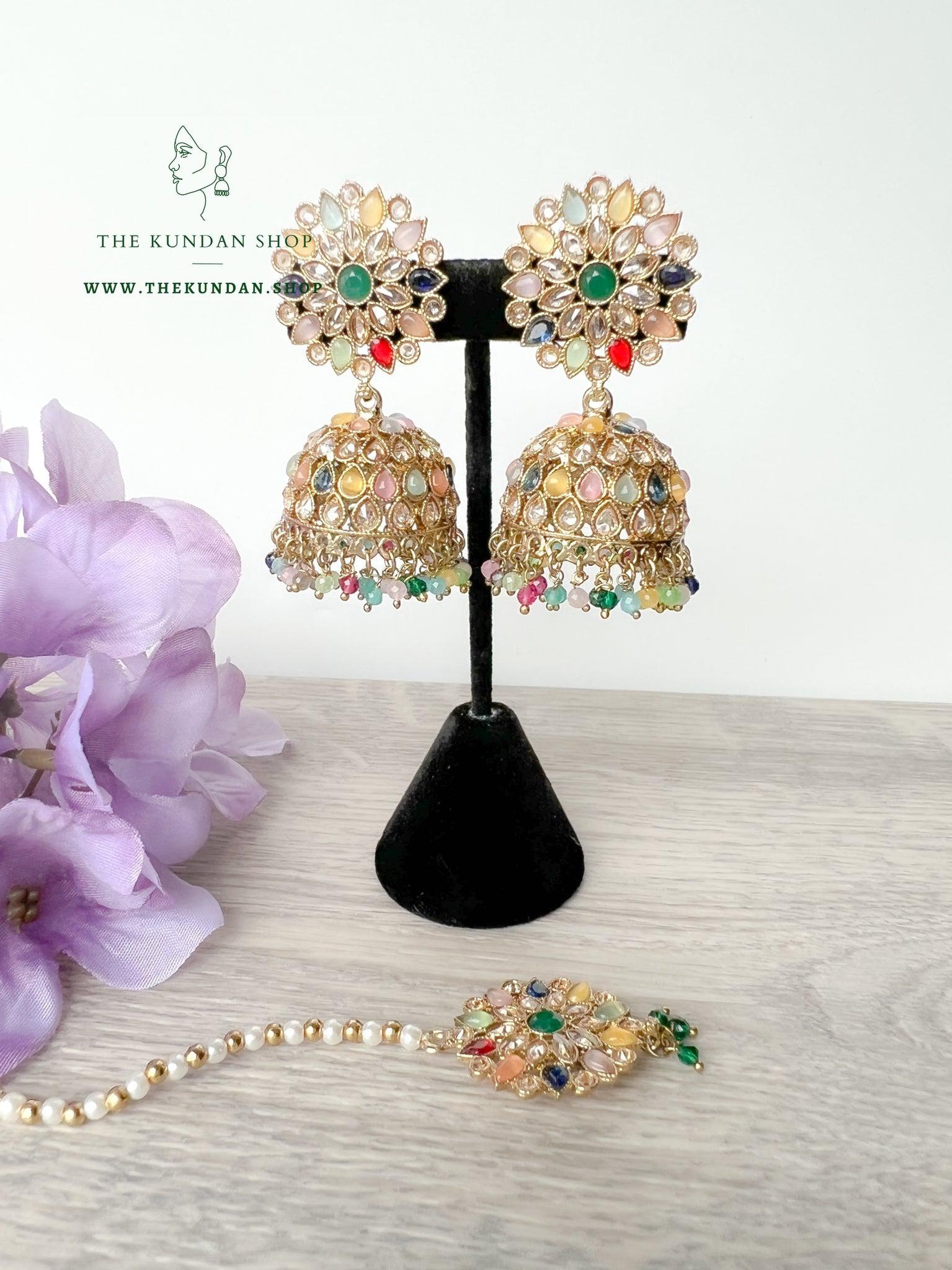 Misty Jhumkis in Multi Earrings + Tikka THE KUNDAN SHOP 