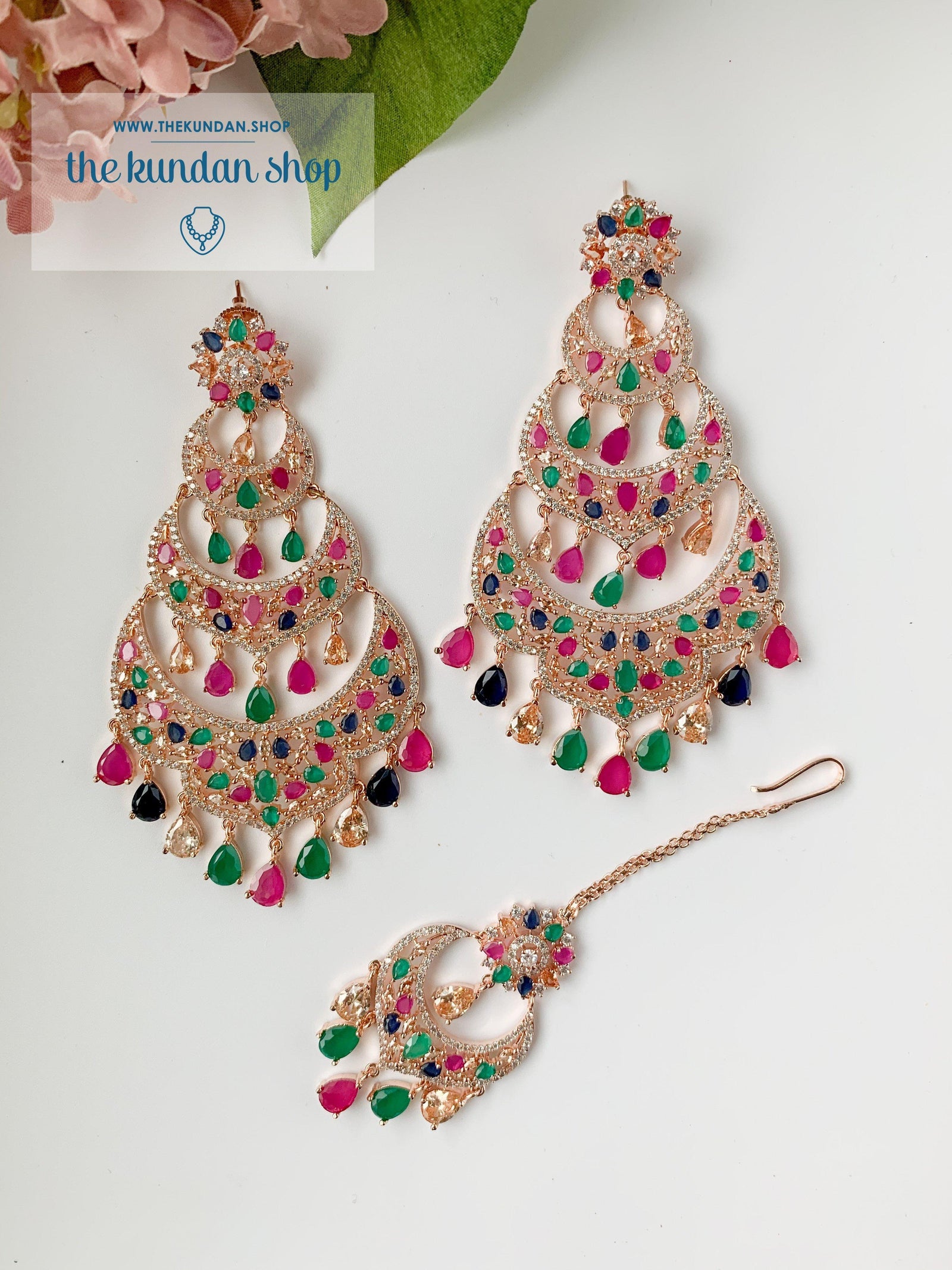 Dreaming in Rose Gold & Multi Earrings + Tikka THE KUNDAN SHOP 