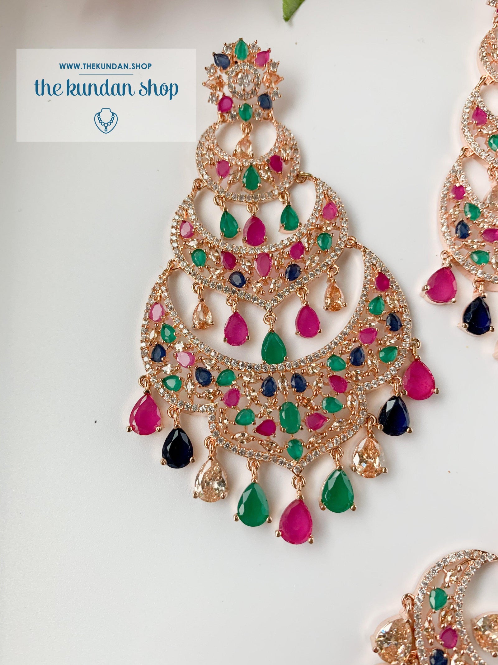 Dreaming in Rose Gold & Multi Earrings + Tikka THE KUNDAN SHOP 