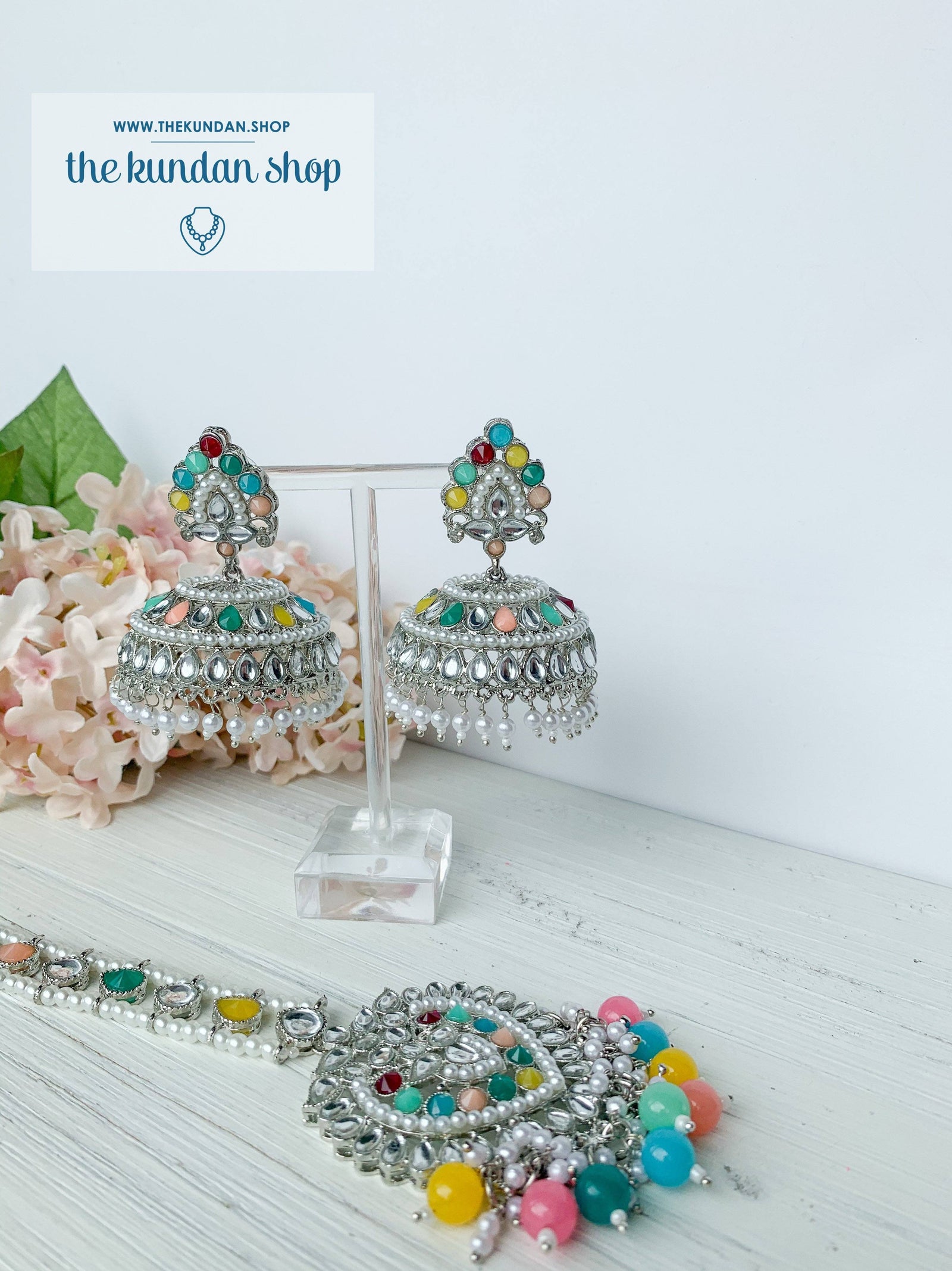 Flair Jhumkis in Silver Earrings + Tikka THE KUNDAN SHOP 
