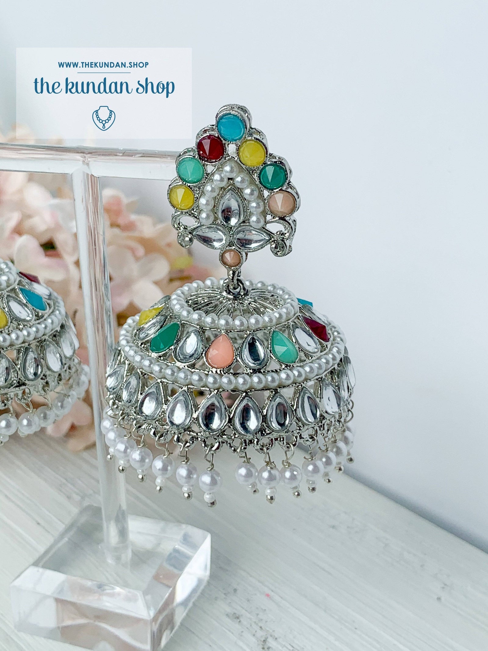 Flair Jhumkis in Silver Earrings + Tikka THE KUNDAN SHOP 