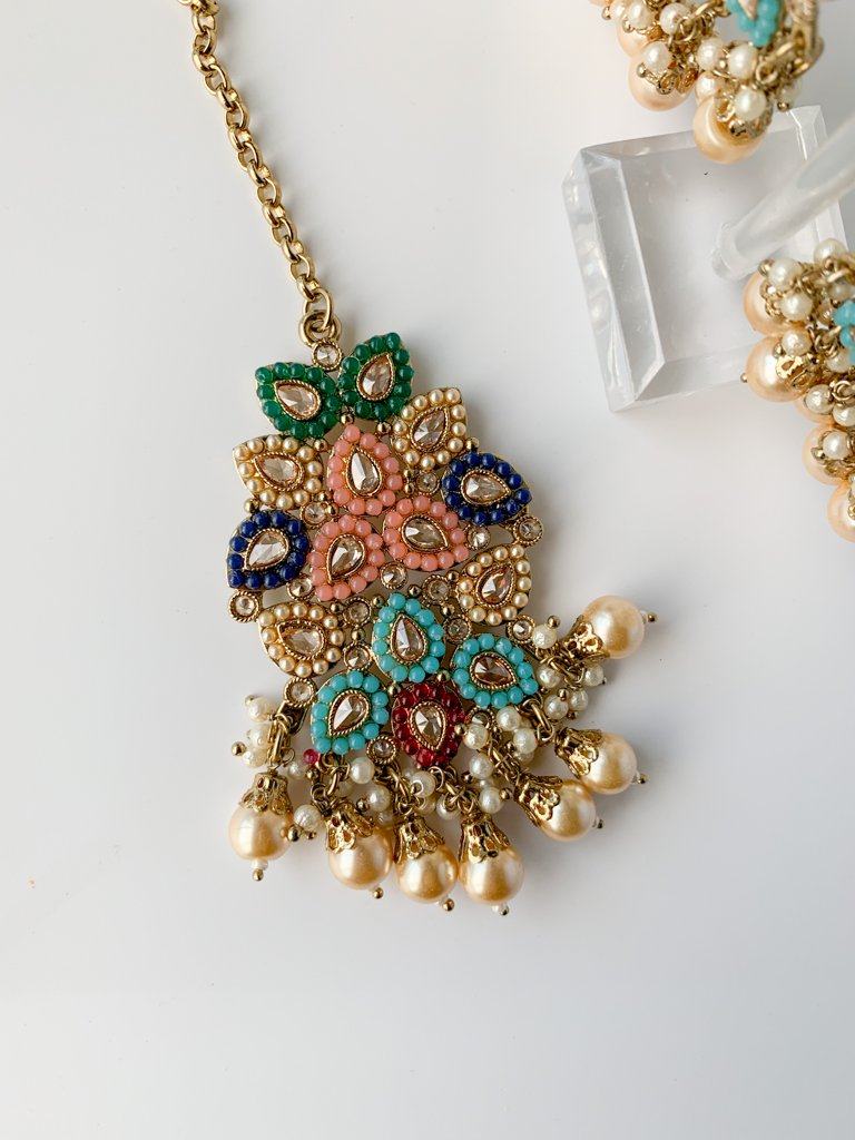 Plentiful in Multi Earrings + Tikka THE KUNDAN SHOP 